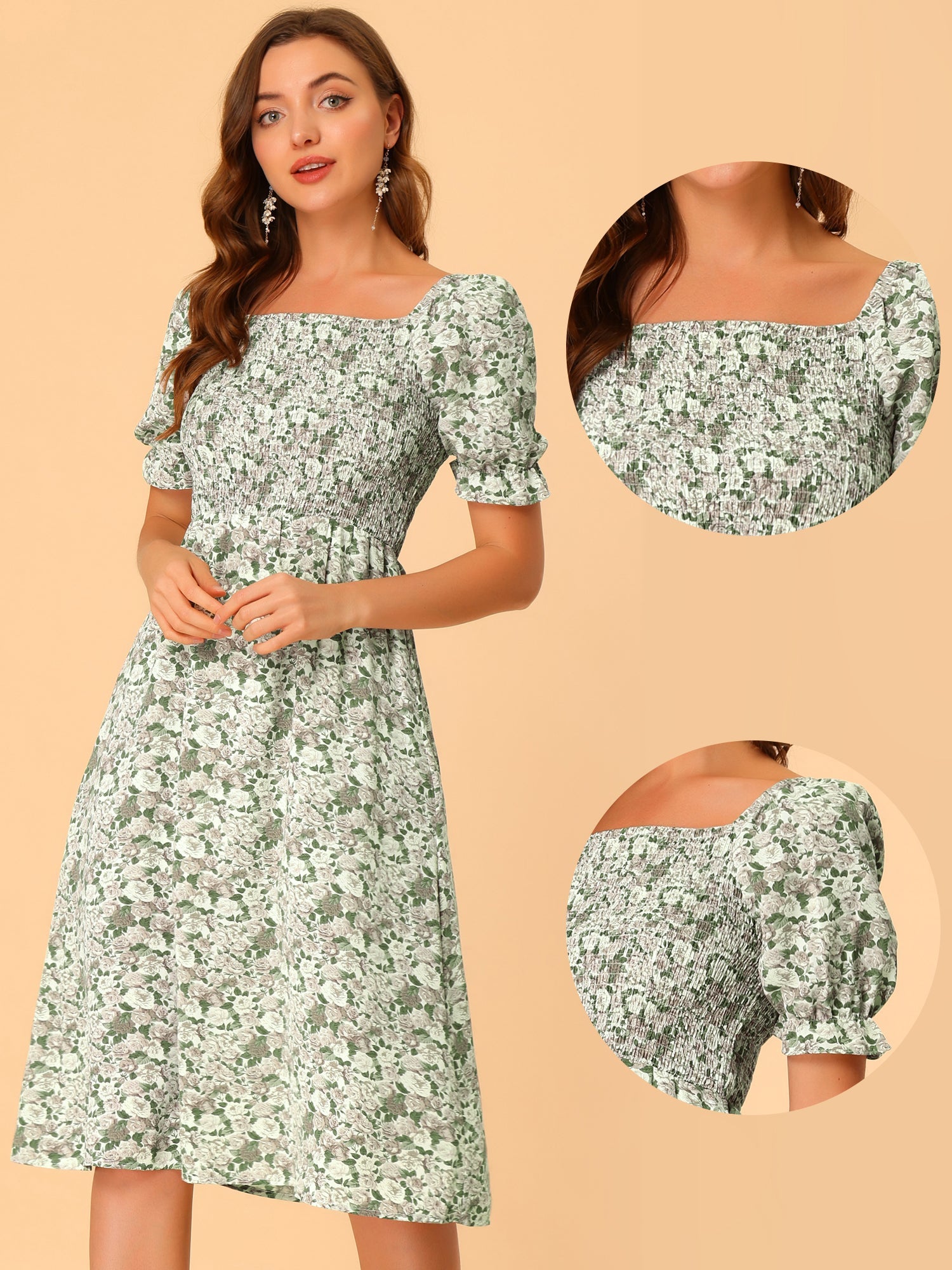 Square Neck Puff Sleeve Shirred Floral Casual Midi Dress