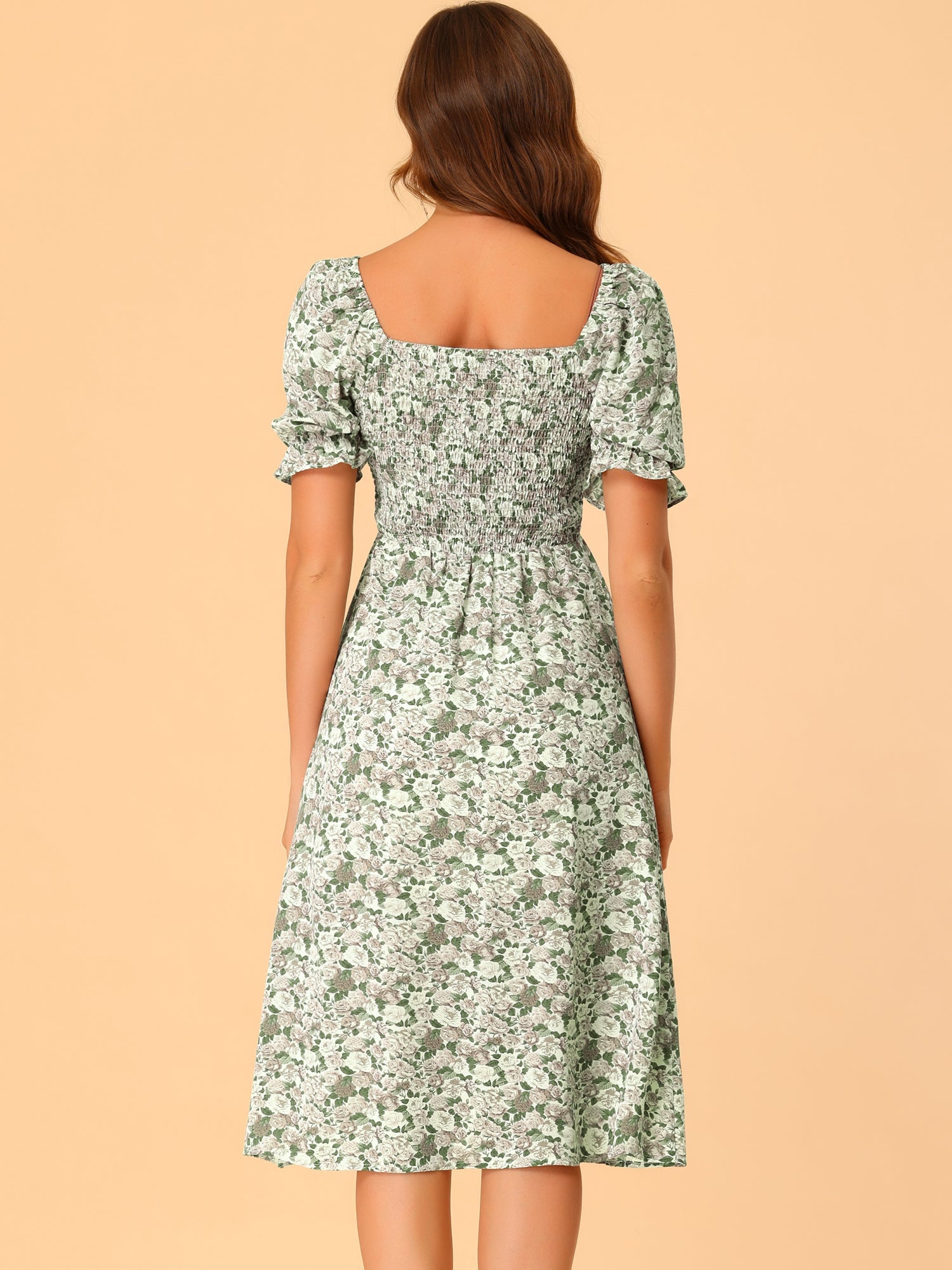 Square Neck Puff Sleeve Shirred Floral Casual Midi Dress