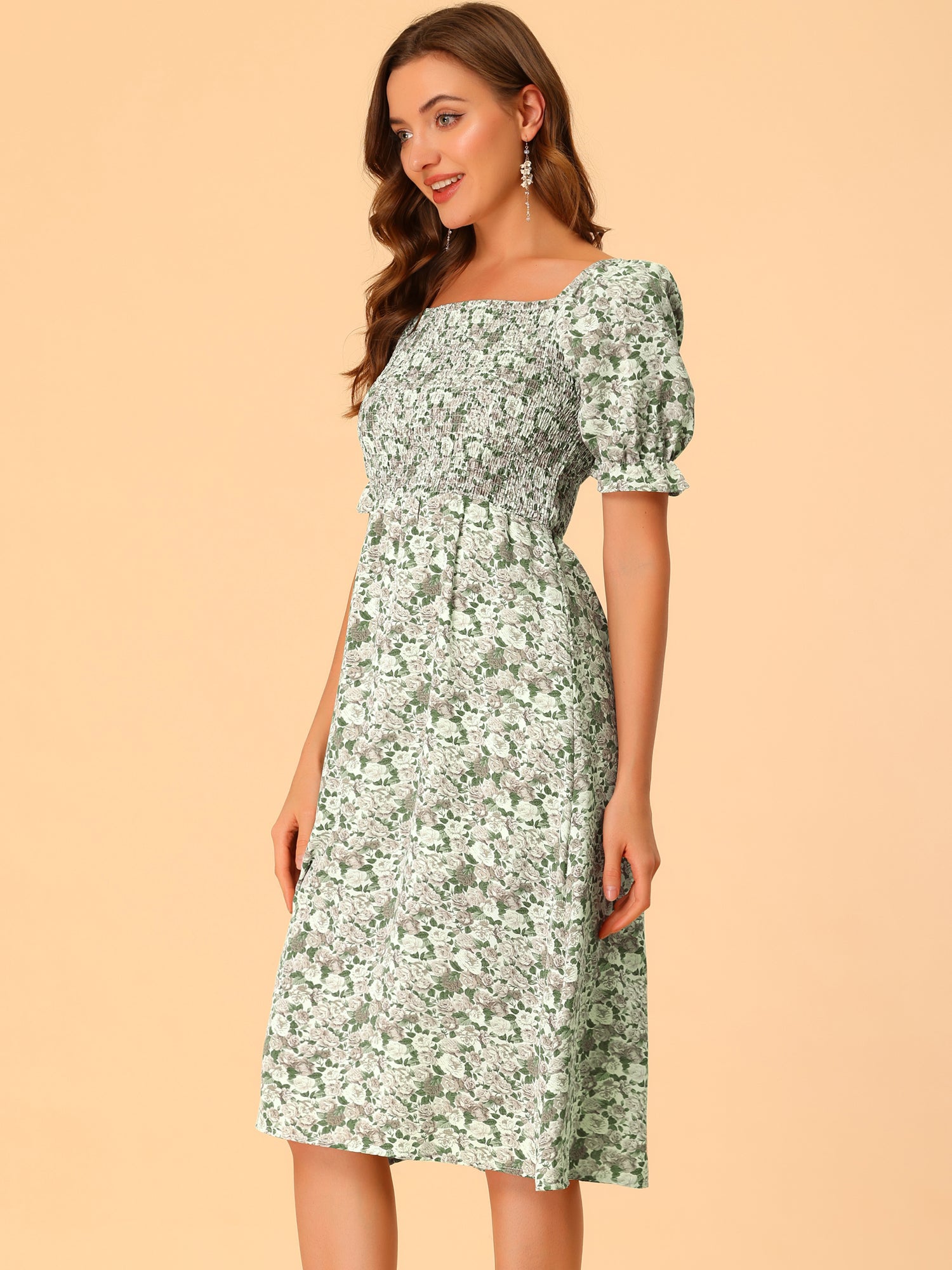 Square Neck Puff Sleeve Shirred Floral Casual Midi Dress