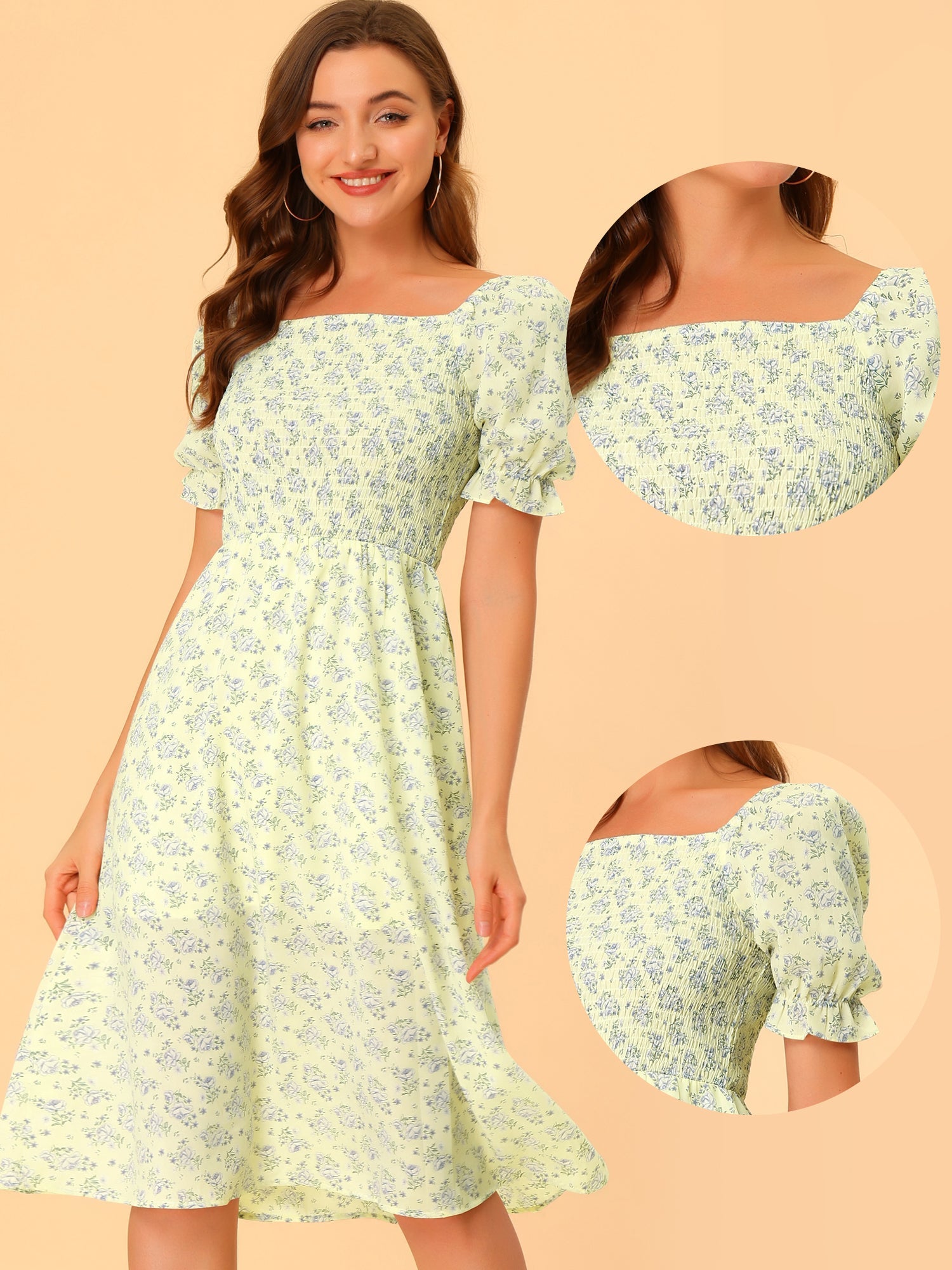 Square Neck Puff Sleeve Shirred Floral Casual Midi Dress