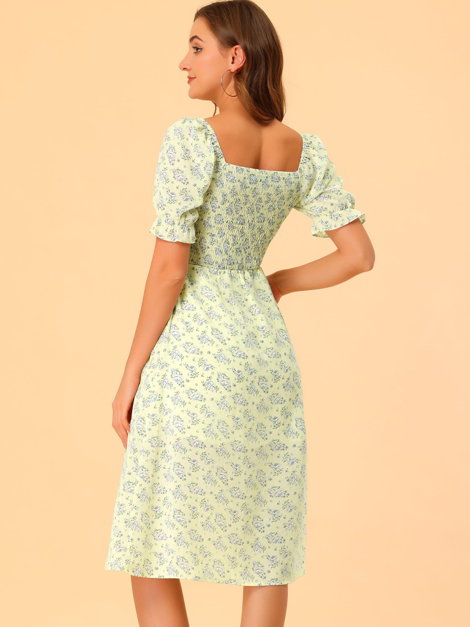 Square Neck Puff Sleeve Shirred Floral Casual Midi Dress