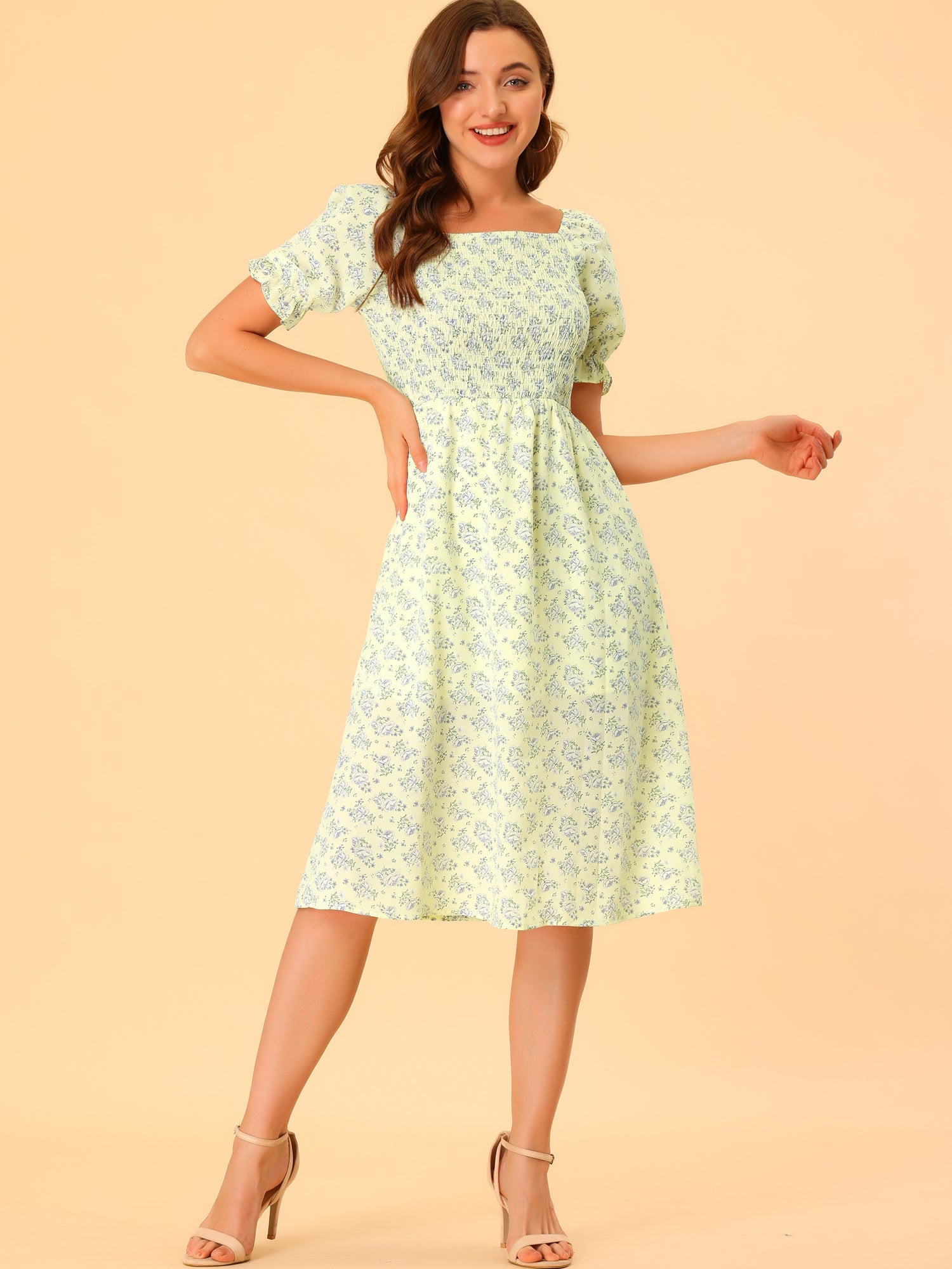 Square Neck Puff Sleeve Shirred Floral Casual Midi Dress