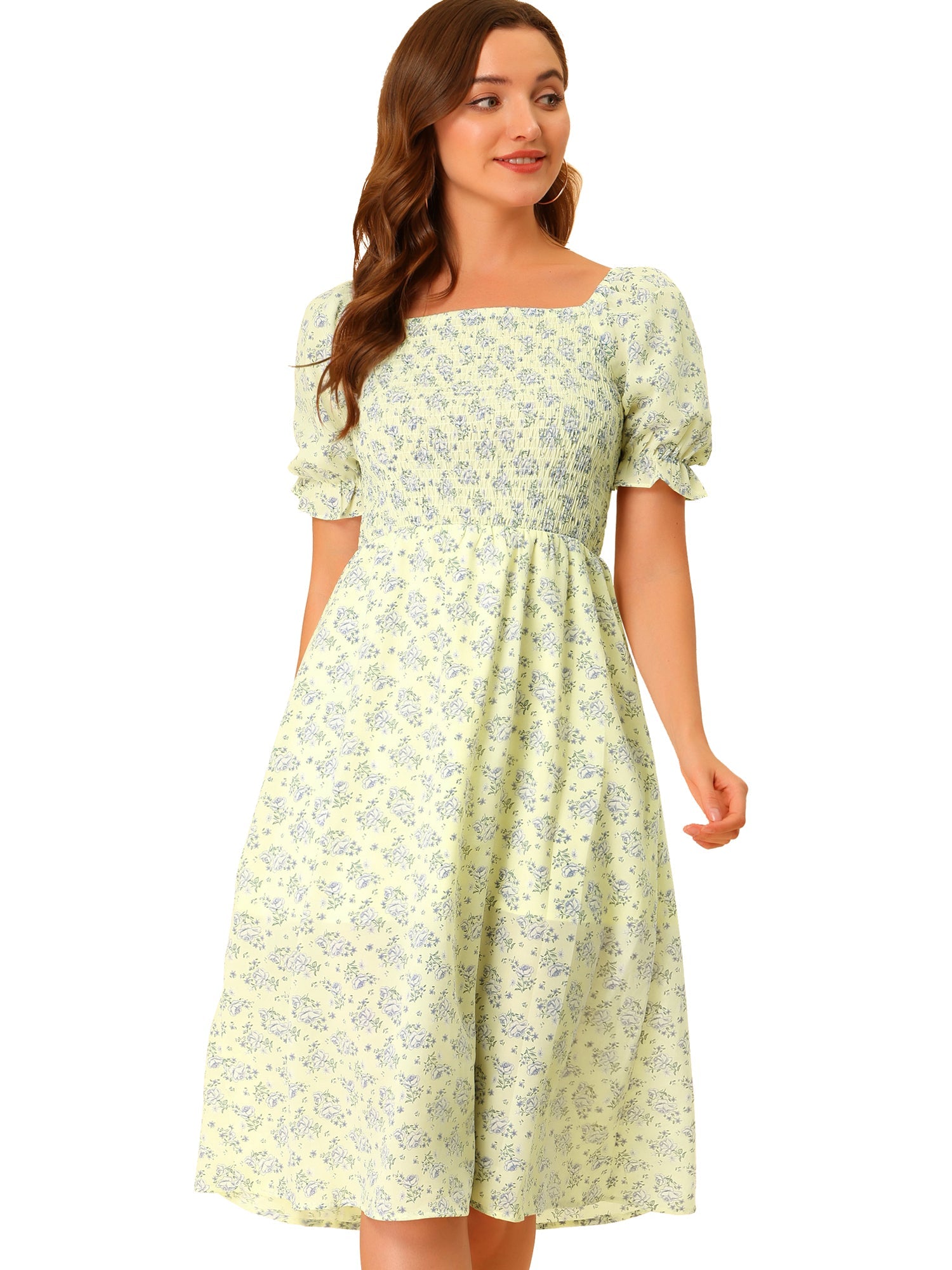 Square Neck Puff Sleeve Shirred Floral Casual Midi Dress