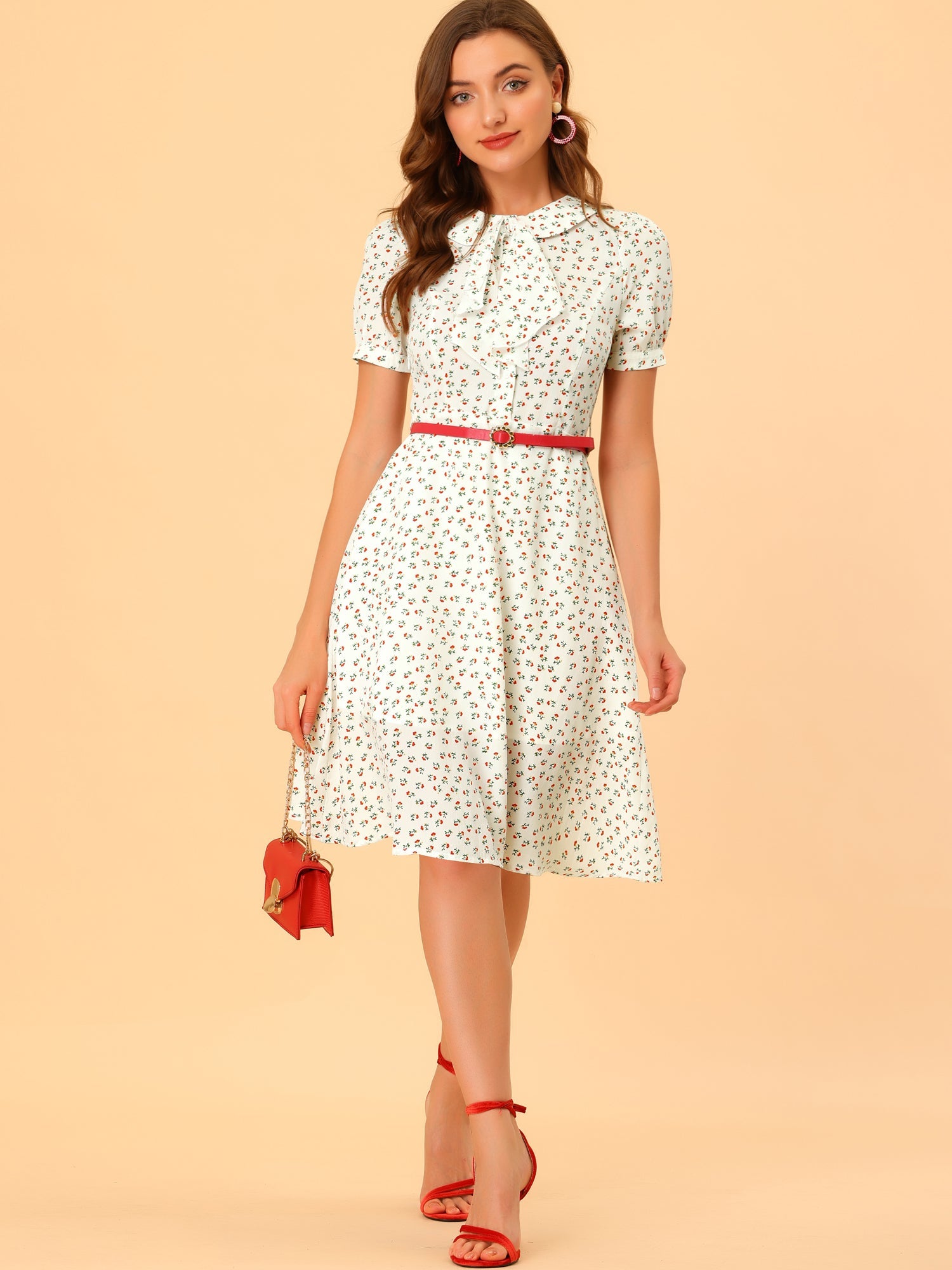 Peter Pan Collar Tie Neck Short Sleeve A-Line Belted Floral Dress