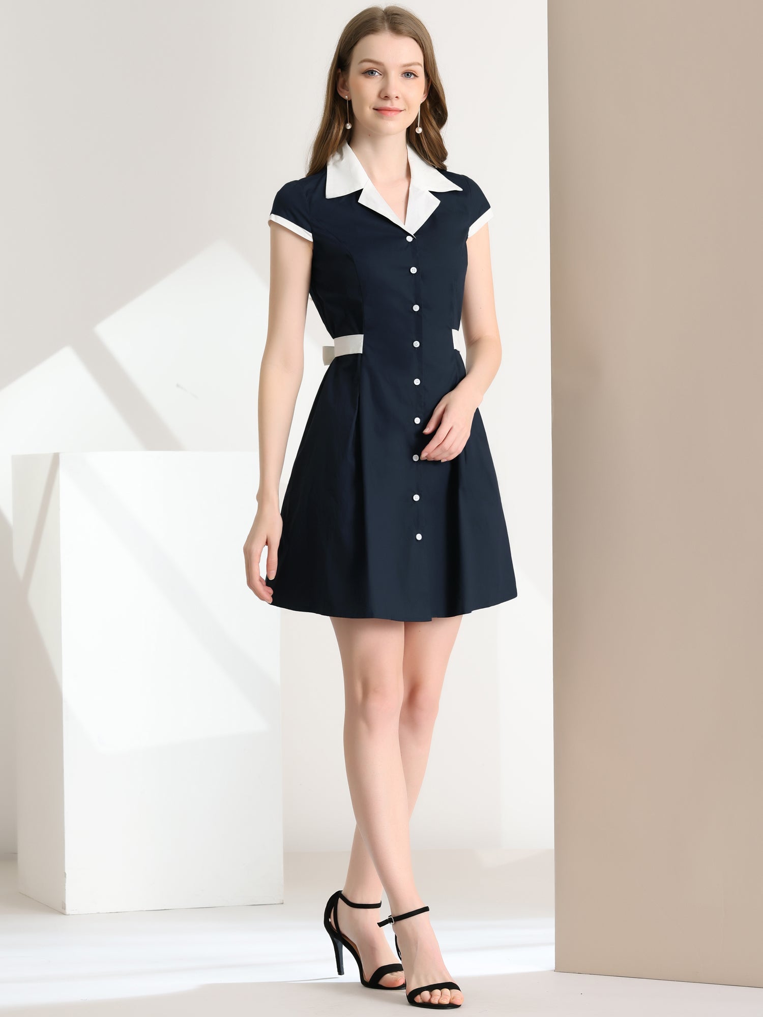 Retro Button Down Flat Collar Belted Office Mini Shirt Dress