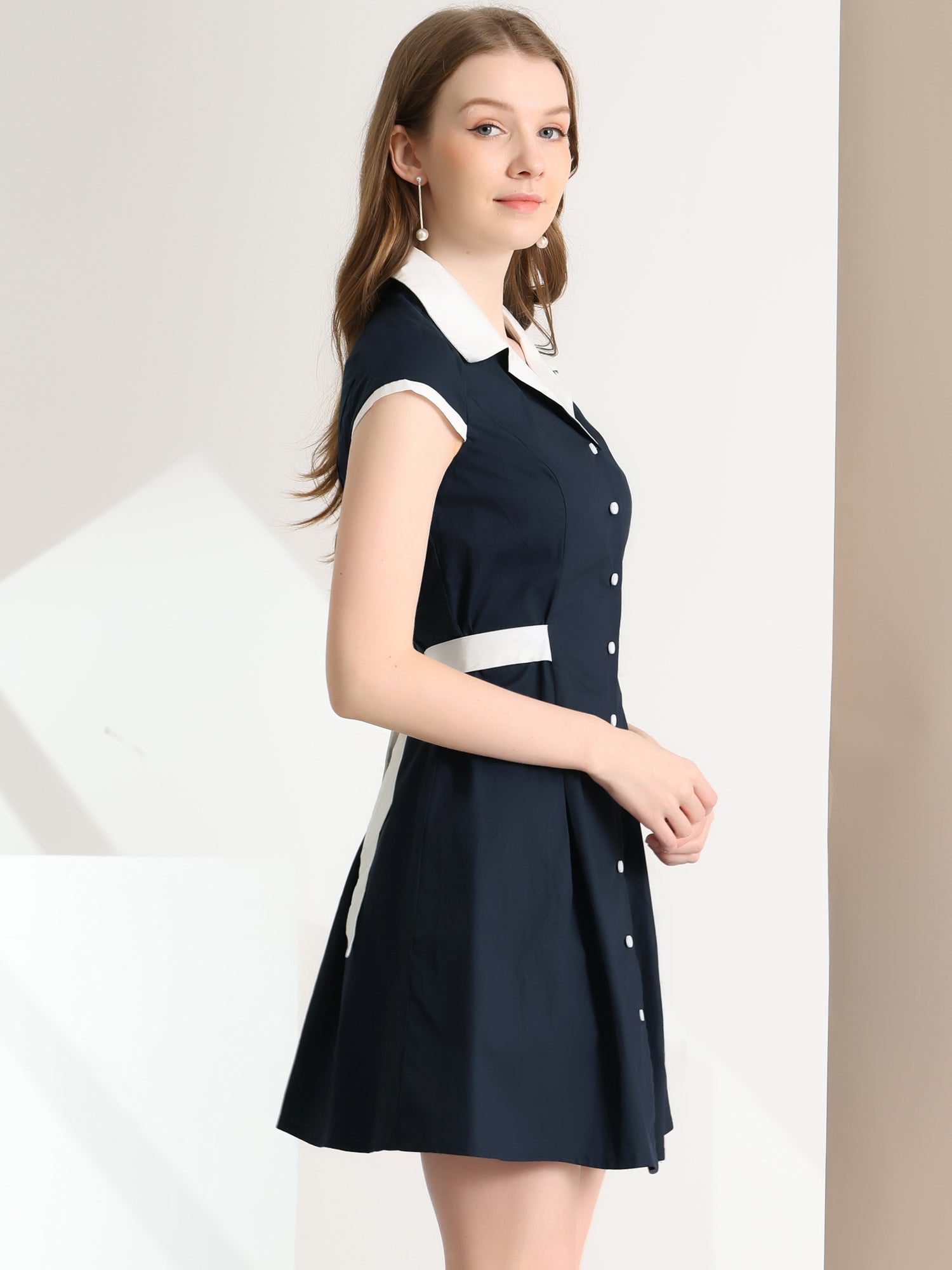 Retro Button Down Flat Collar Belted Office Mini Shirt Dress