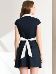 Retro Button Down Flat Collar Belted Office Mini Shirt Dress