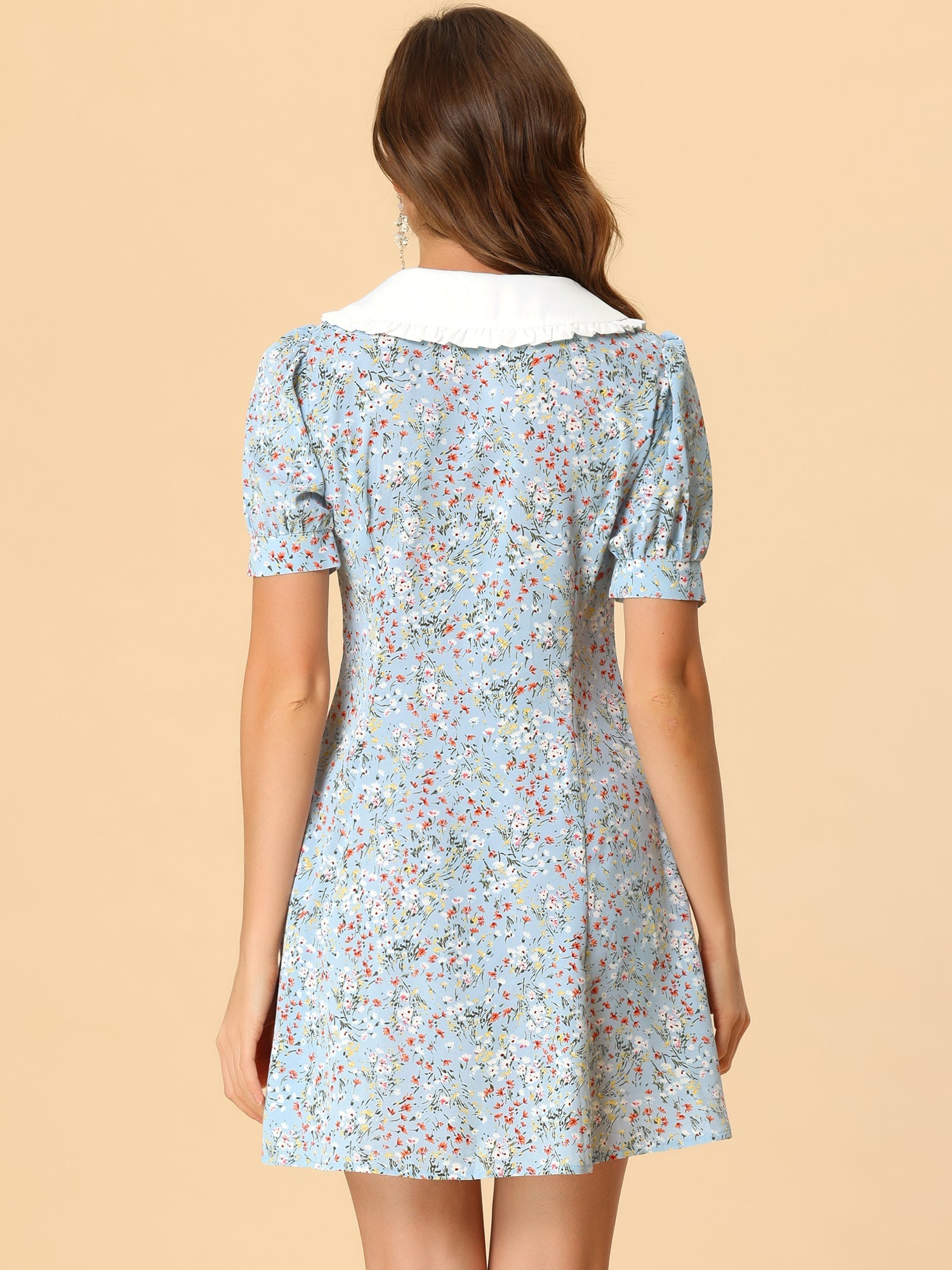Peter Pan Collar Flowy Short Sleeve Ruffle Summer Floral Shirt Dress