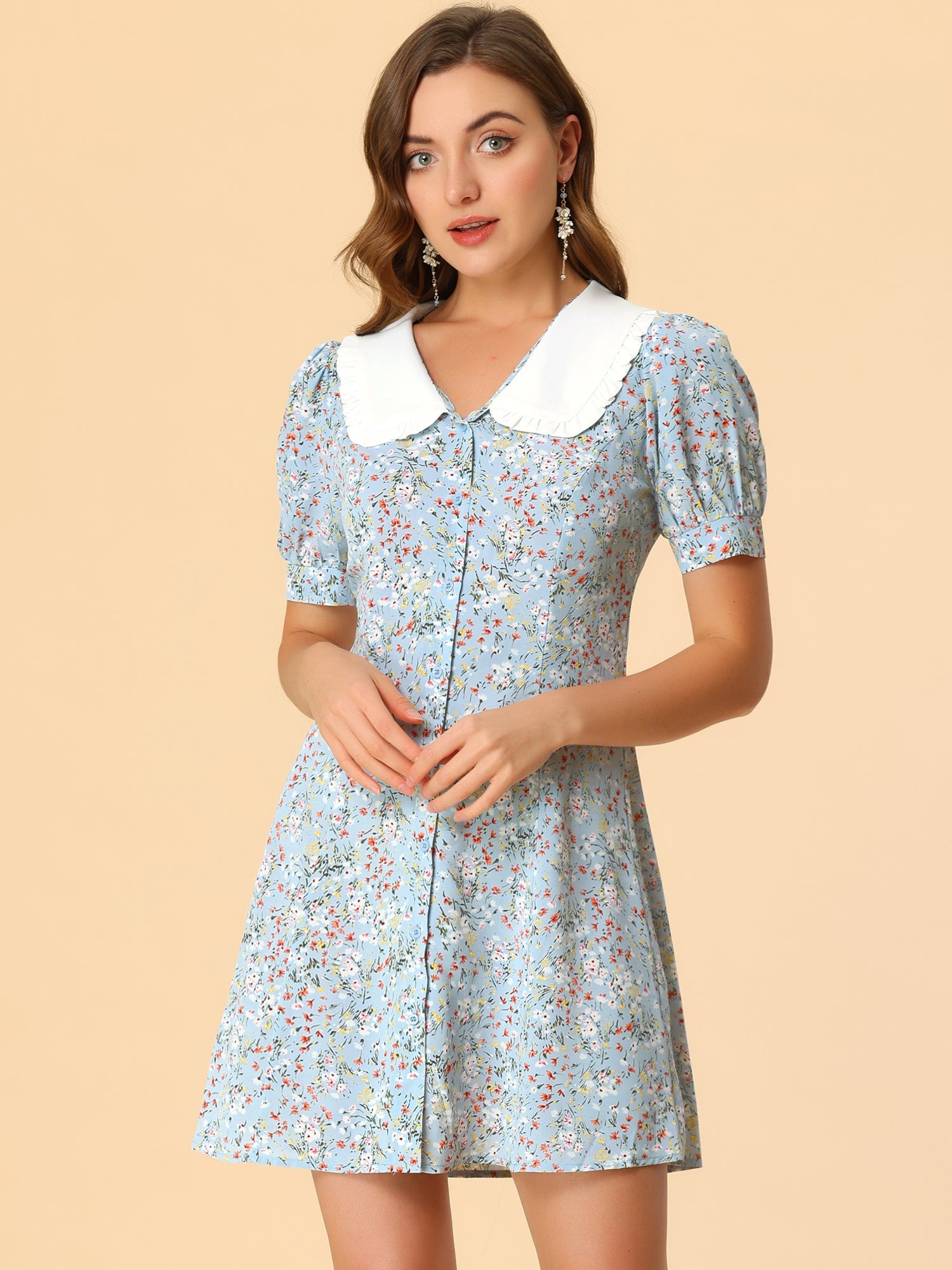 Peter Pan Collar Flowy Short Sleeve Ruffle Summer Floral Shirt Dress