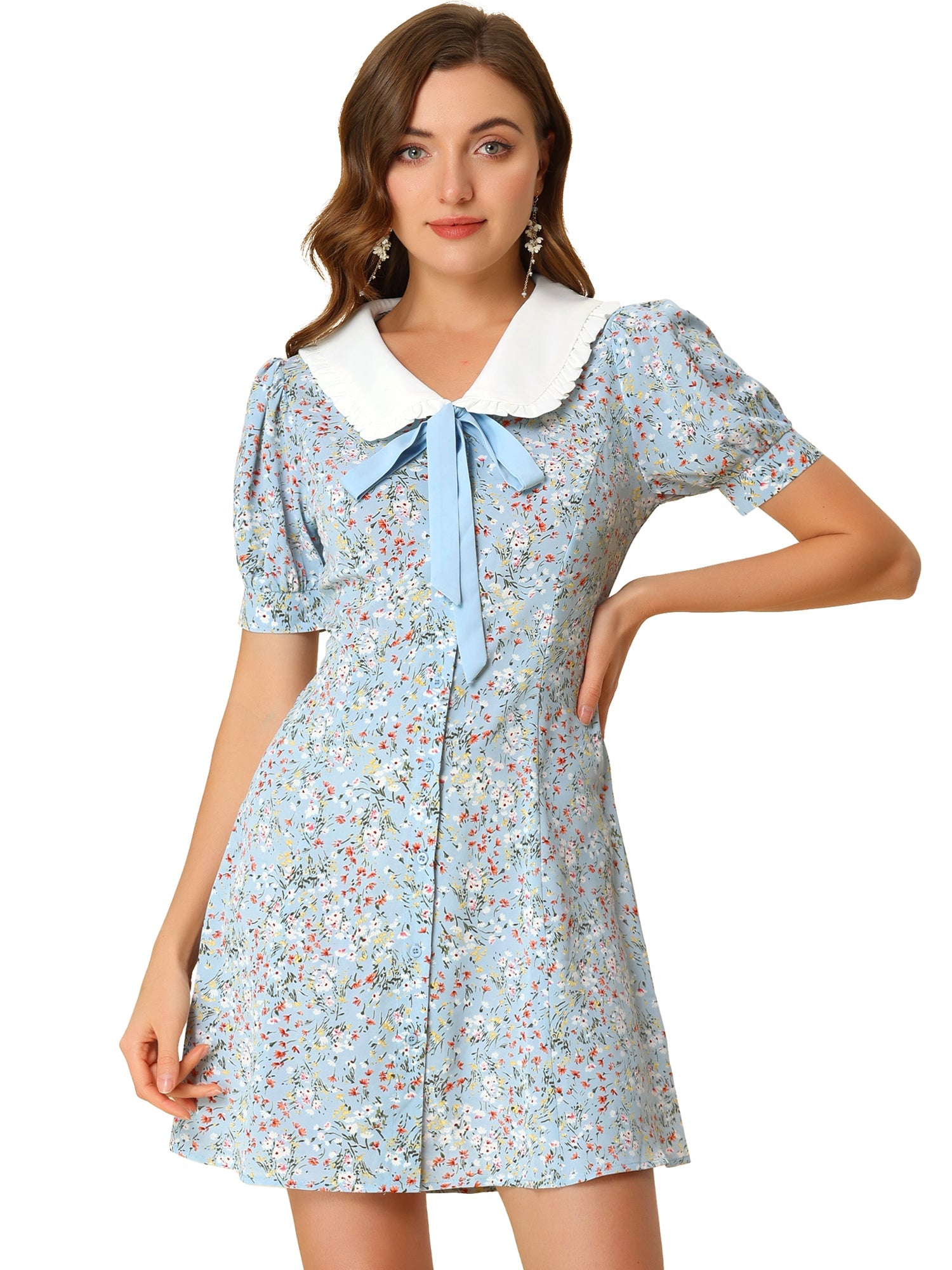 Peter Pan Collar Flowy Short Sleeve Ruffle Summer Floral Shirt Dress