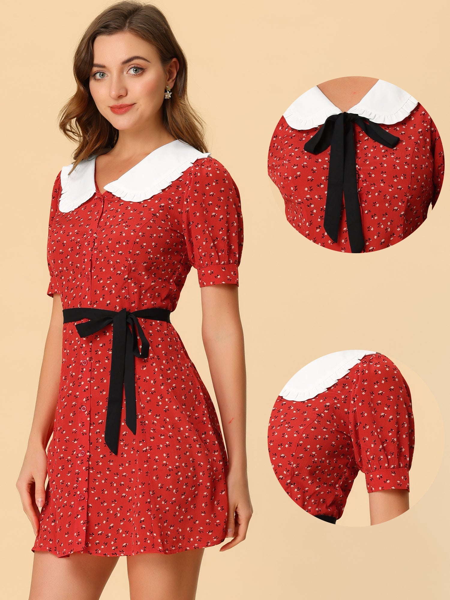 Peter Pan Collar Flowy Short Sleeve Ruffle Summer Floral Shirt Dress
