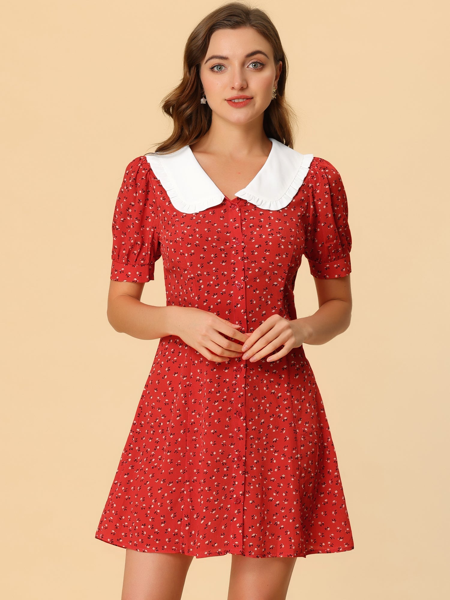 Peter Pan Collar Flowy Short Sleeve Ruffle Summer Floral Shirt Dress