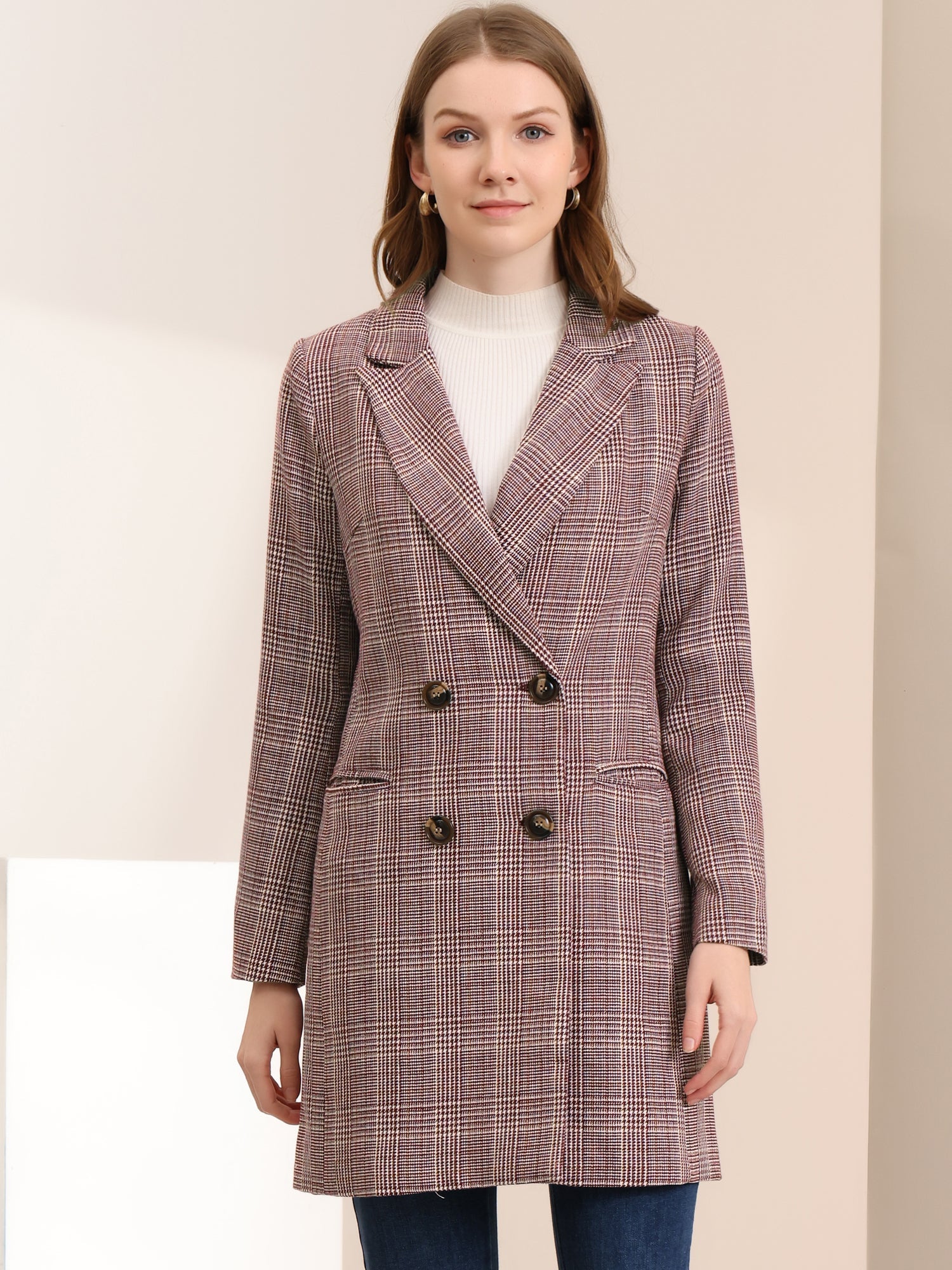 Double Breasted Notched Lapel Plaid Trench Blazer Coat