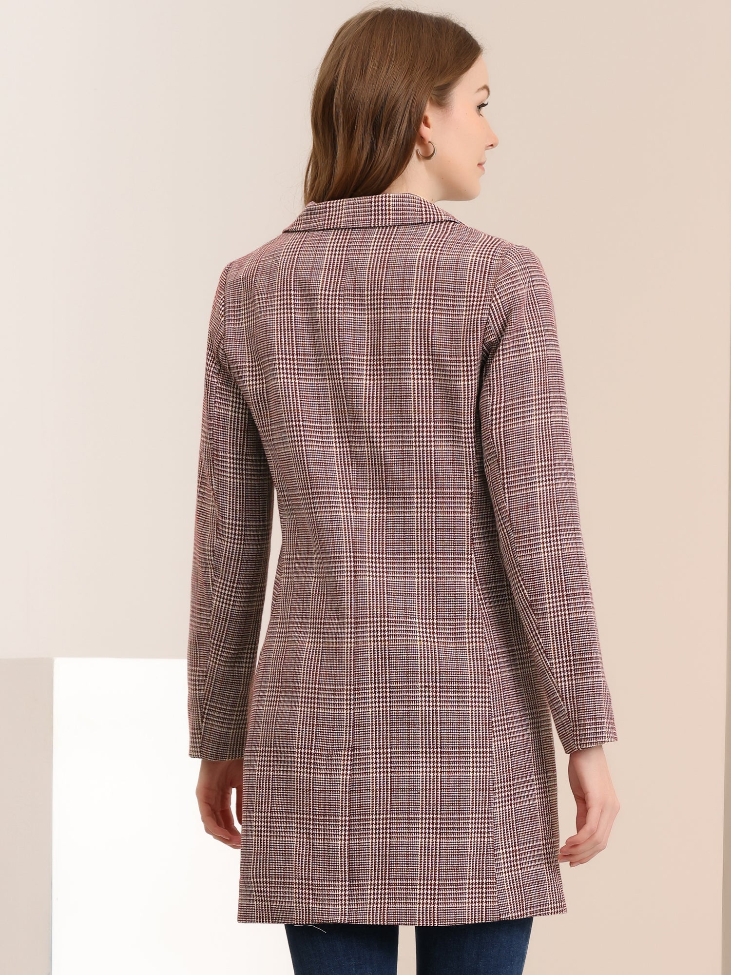 Double Breasted Notched Lapel Plaid Trench Blazer Coat