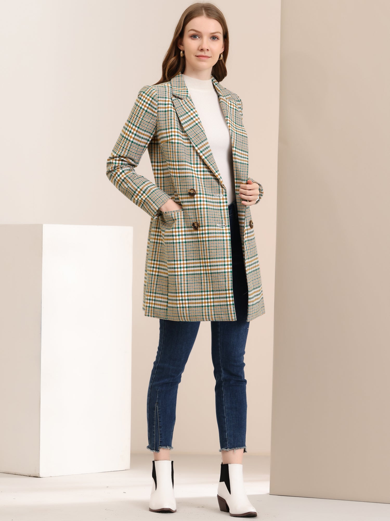 Double Breasted Notched Lapel Plaid Trench Blazer Coat