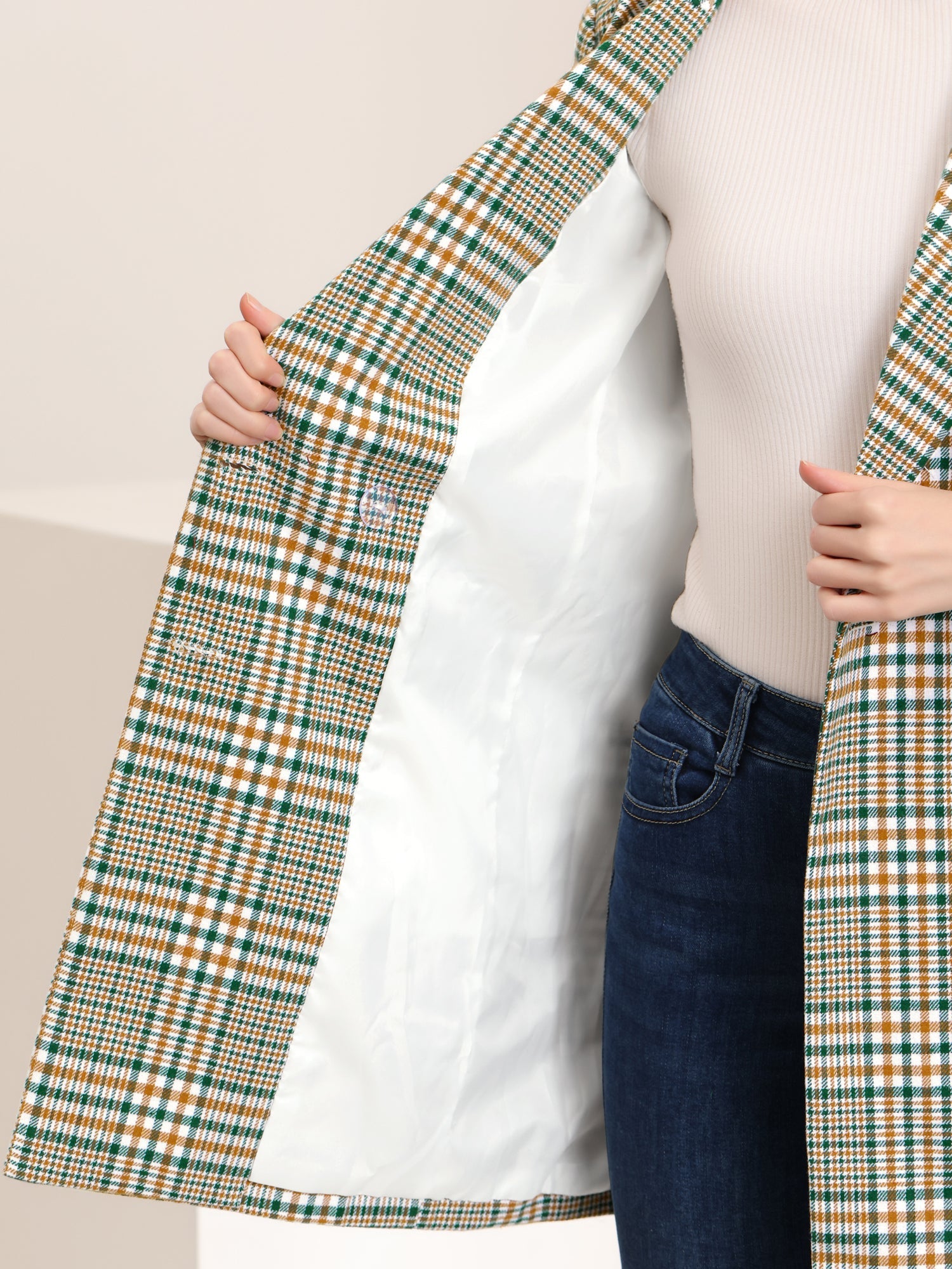 Double Breasted Notched Lapel Plaid Trench Blazer Coat