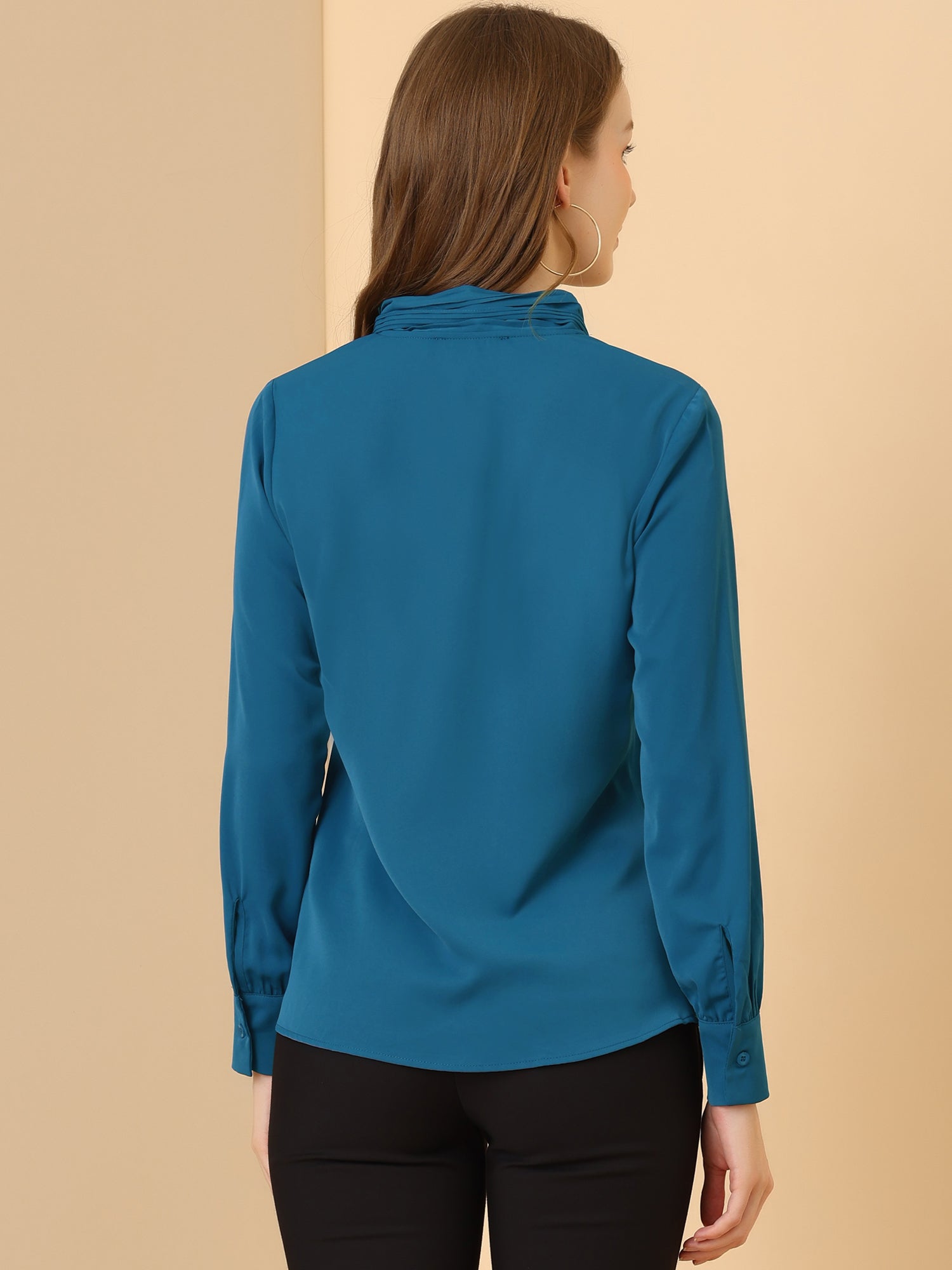 Long Sleeve Chiffon Pleated Tie Neck Office Blouse
