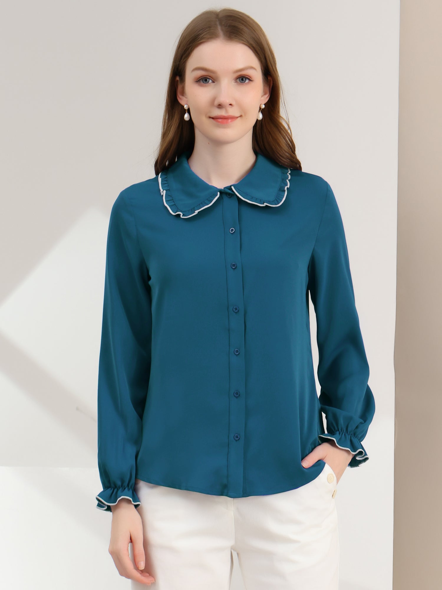 Sweet Ruffle Peter Pan Collar Long Sleeve Button Up Shirt