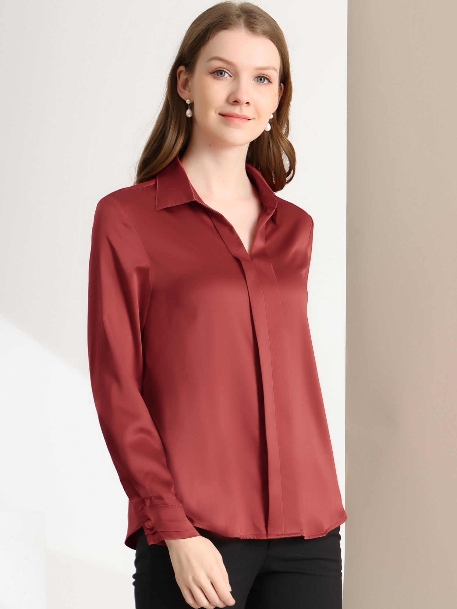 Satin V Neck Long Sleeve Silky Office Work Solid Shirt