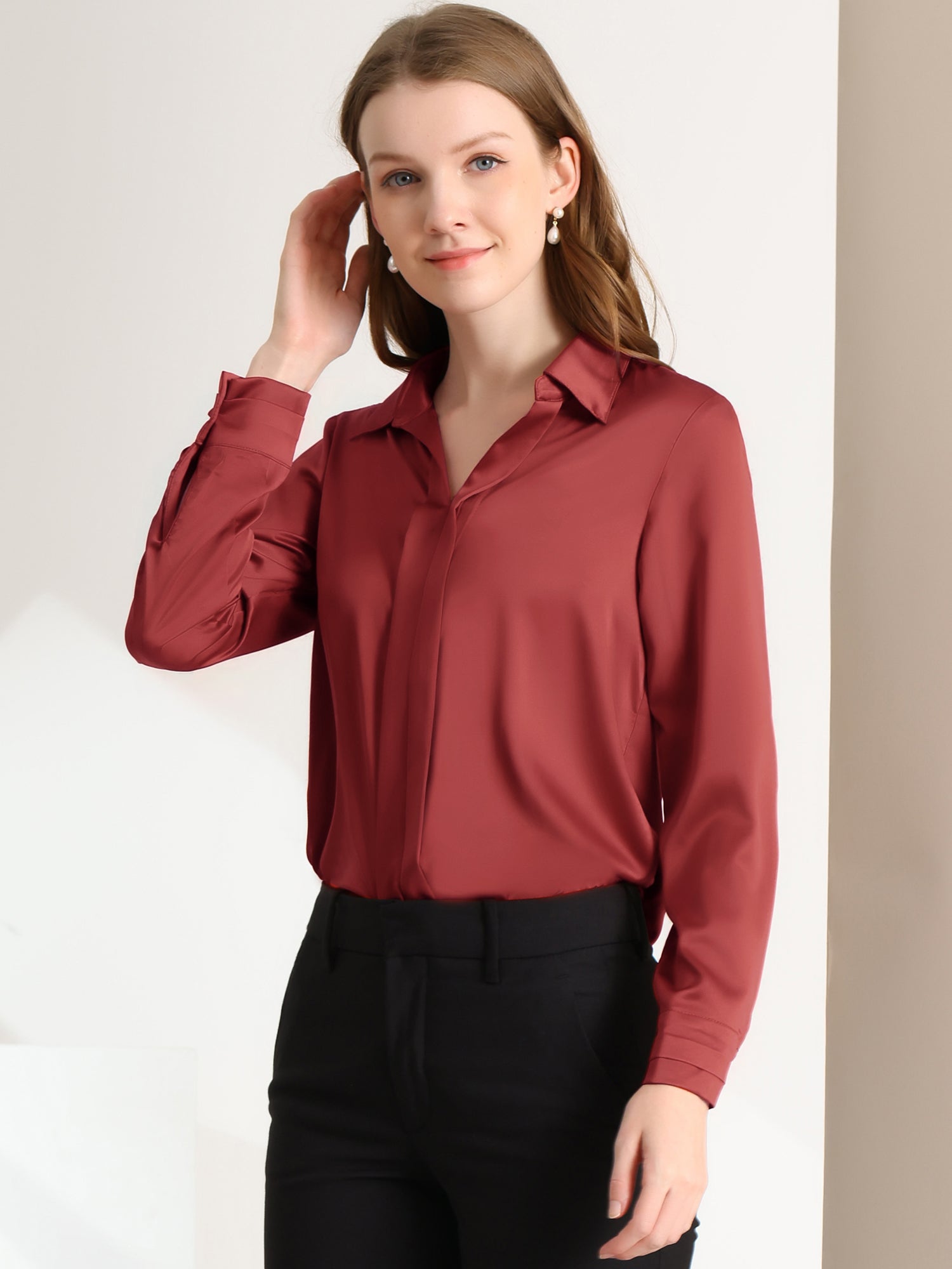 Satin V Neck Long Sleeve Silky Office Work Solid Shirt