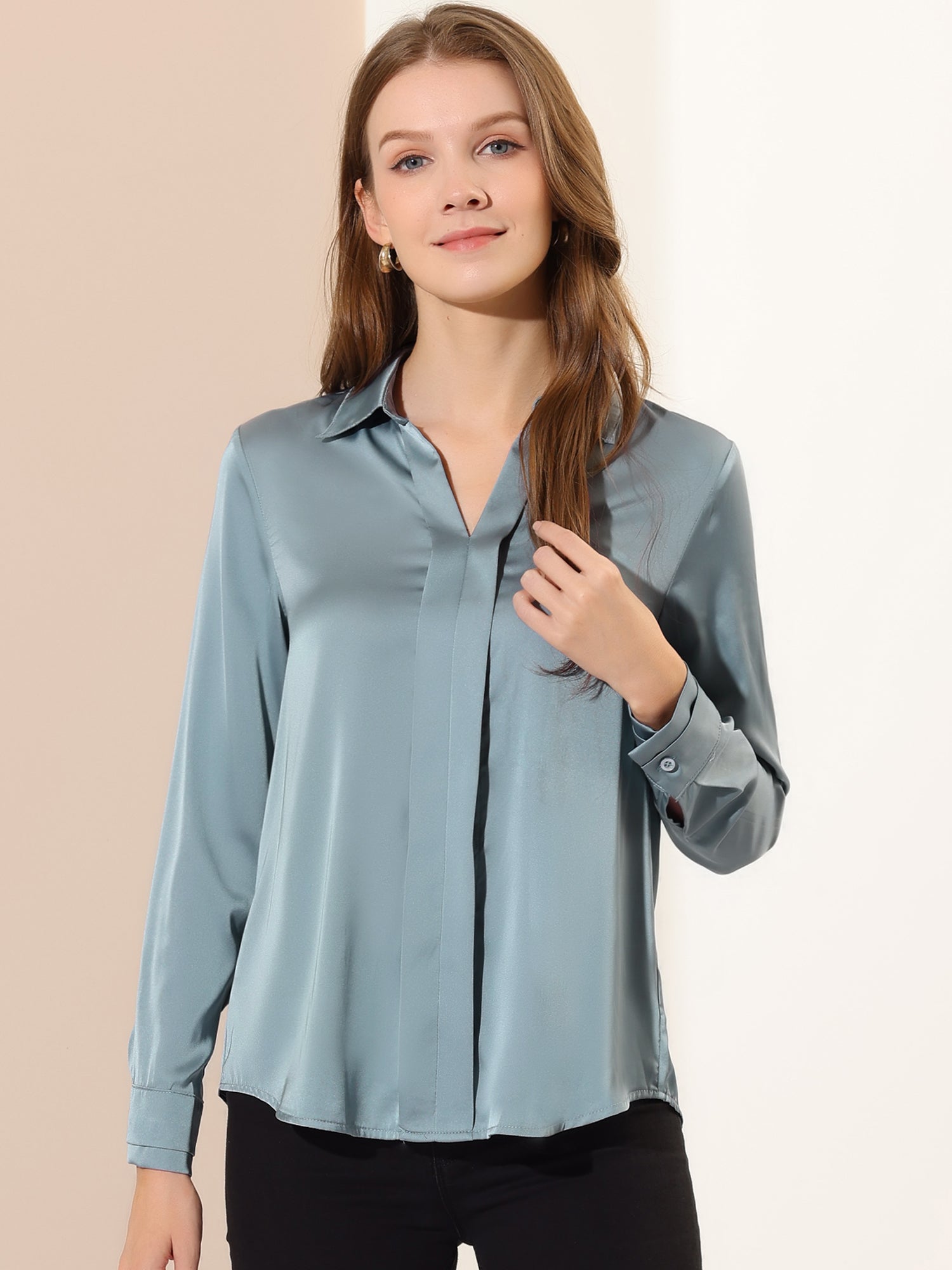 Satin V Neck Long Sleeve Silky Office Work Solid Shirt