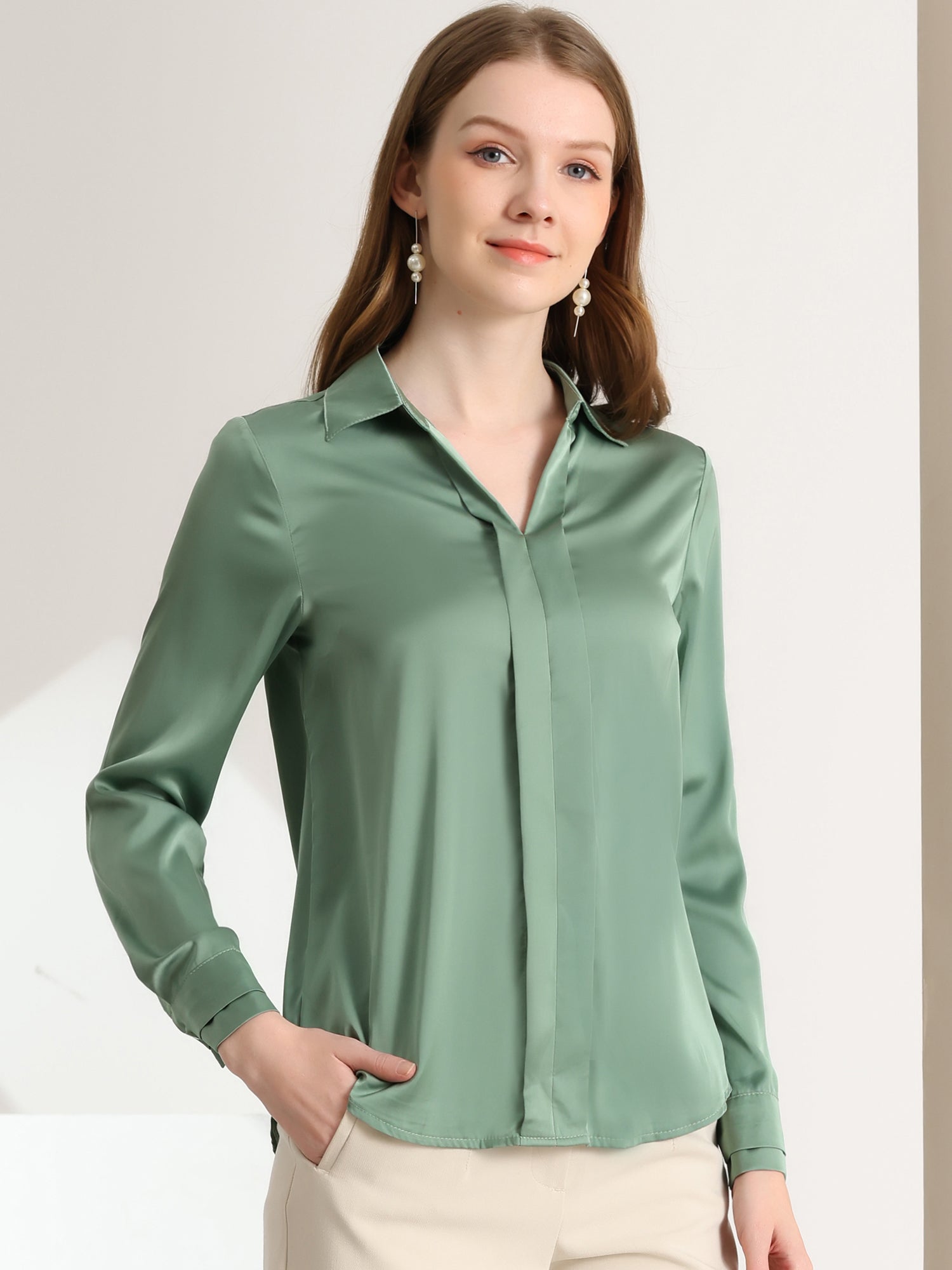 Satin V Neck Long Sleeve Silky Office Work Solid Shirt