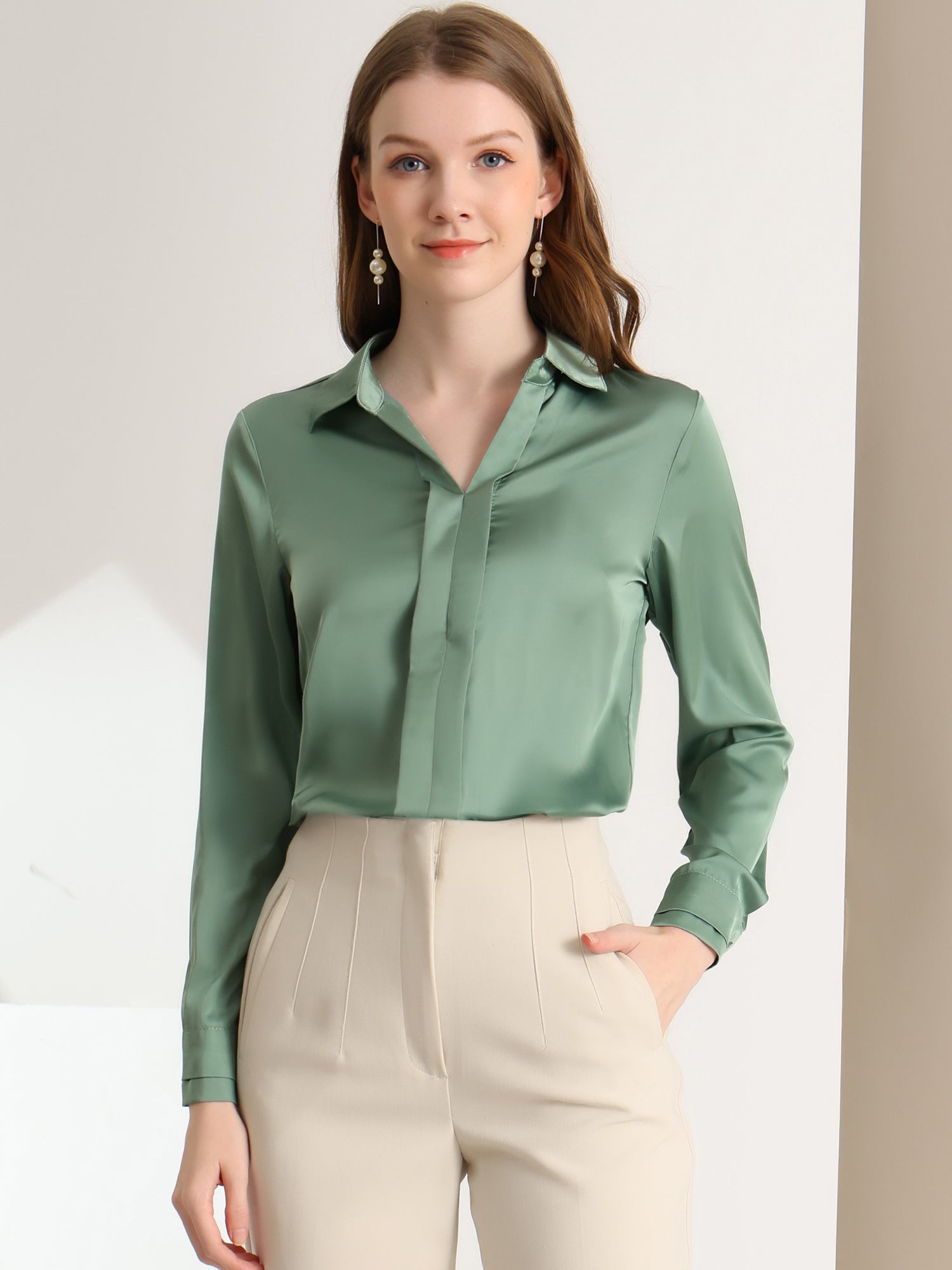 Satin V Neck Long Sleeve Silky Office Work Solid Shirt