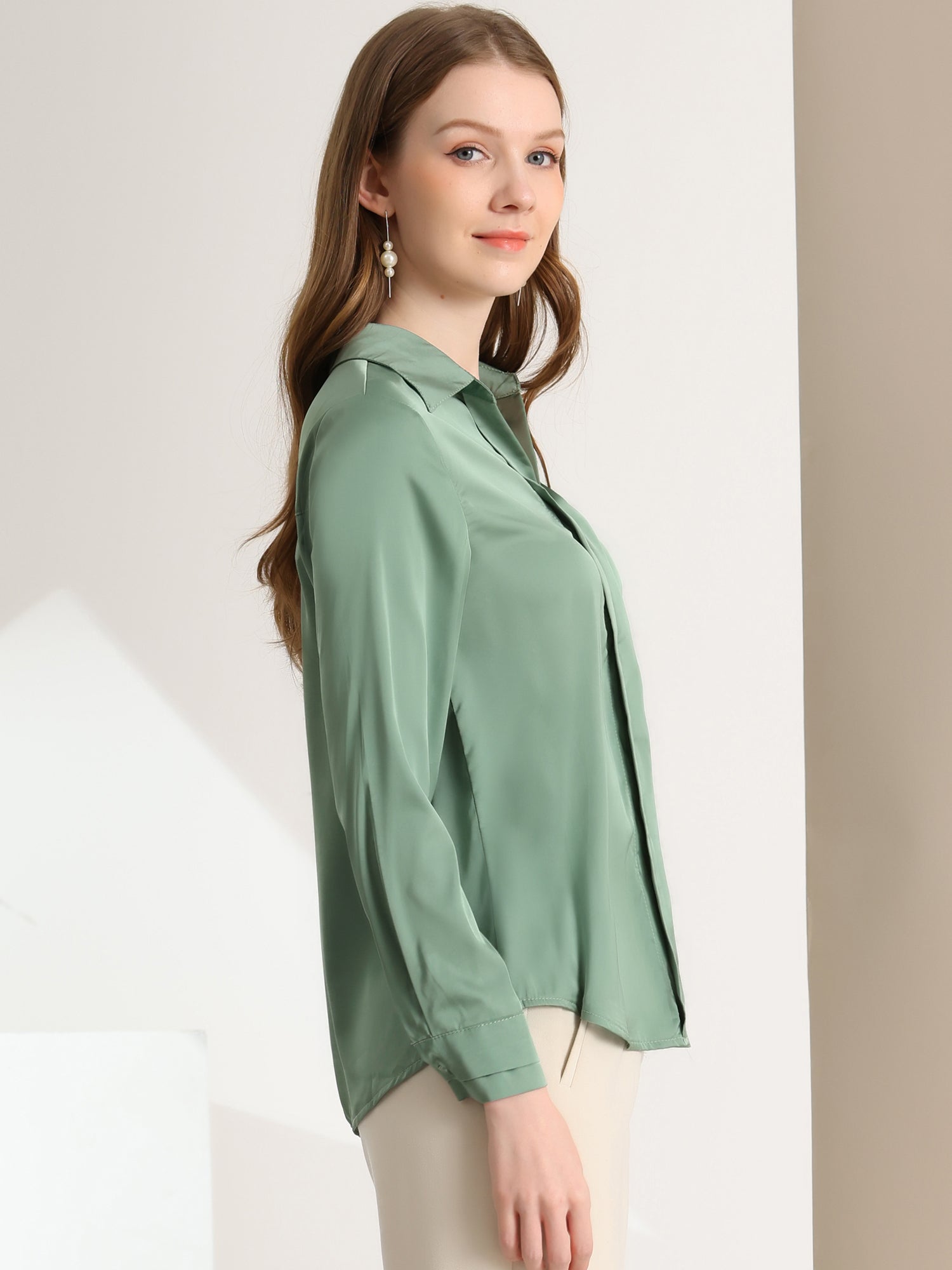 Satin V Neck Long Sleeve Silky Office Work Solid Shirt
