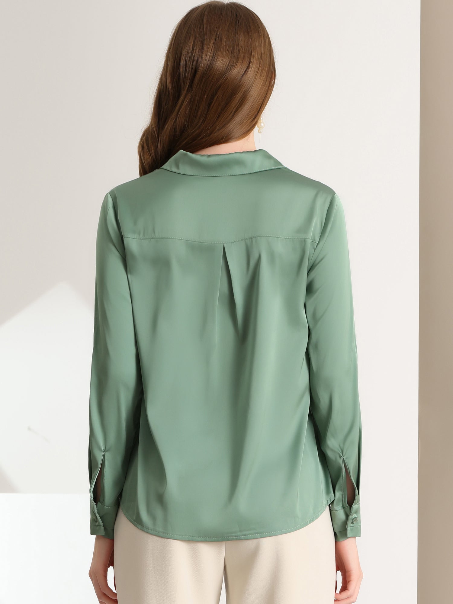 Satin V Neck Long Sleeve Silky Office Work Solid Shirt