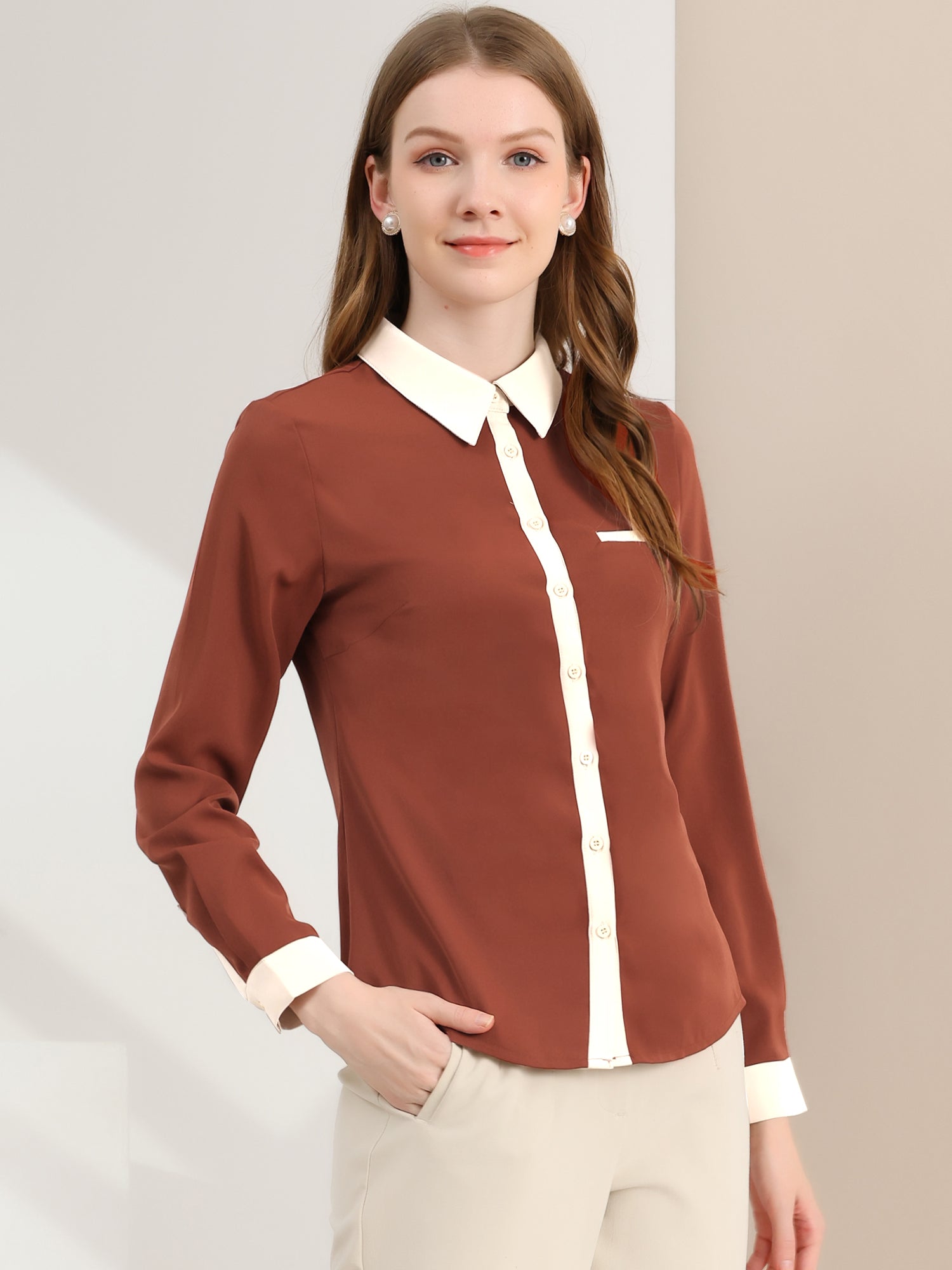 Contrast Collar Shirt Chiffon Long Sleeve Work Office Blouse