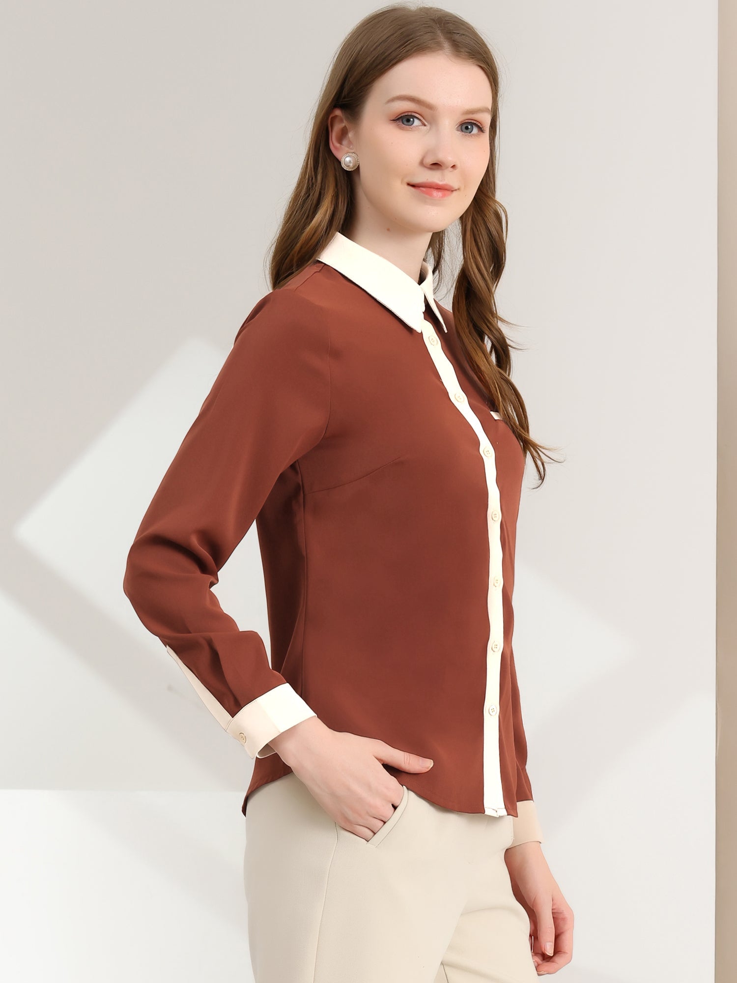 Contrast Collar Shirt Chiffon Long Sleeve Work Office Blouse