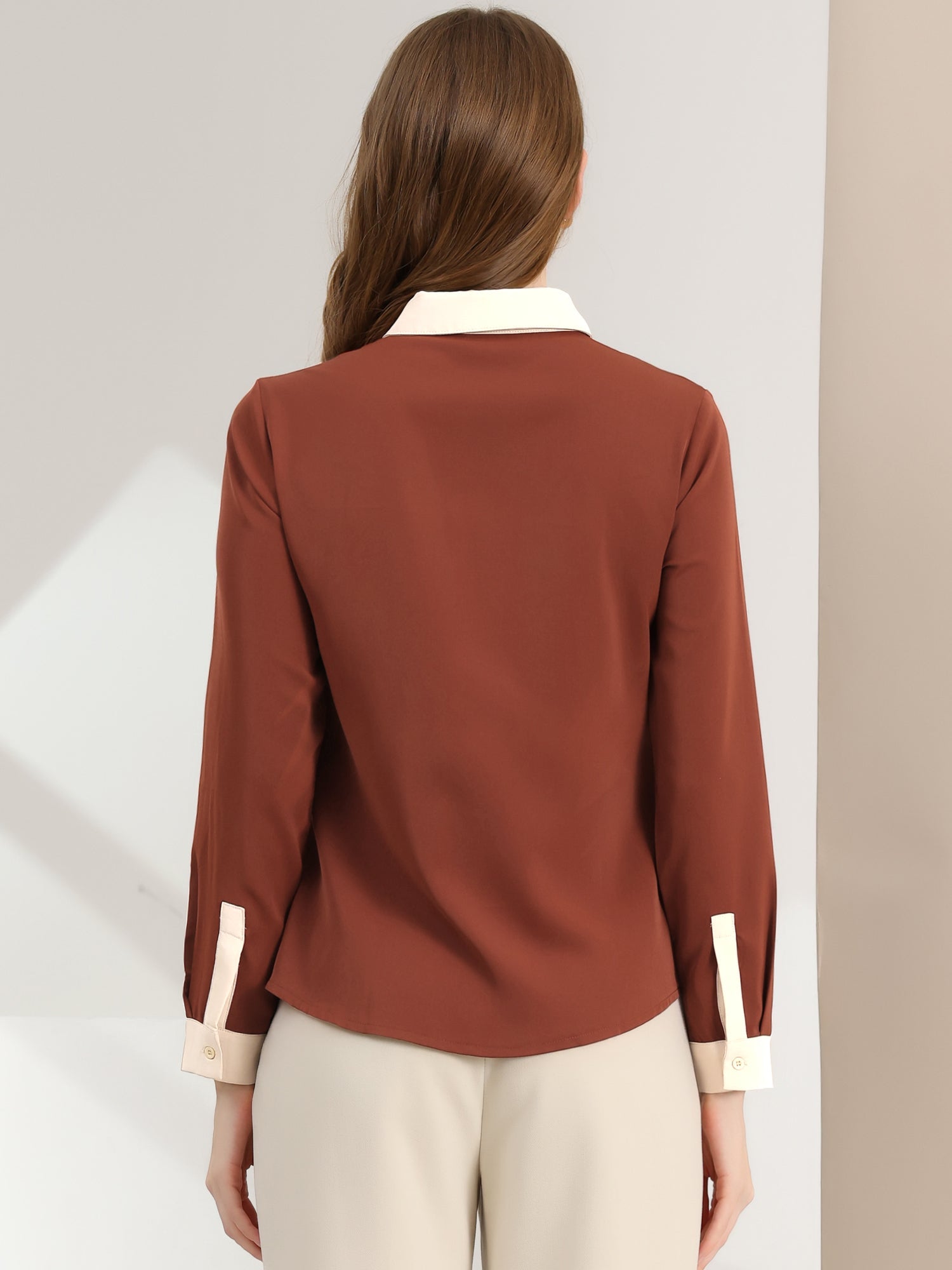 Contrast Collar Shirt Chiffon Long Sleeve Work Office Blouse