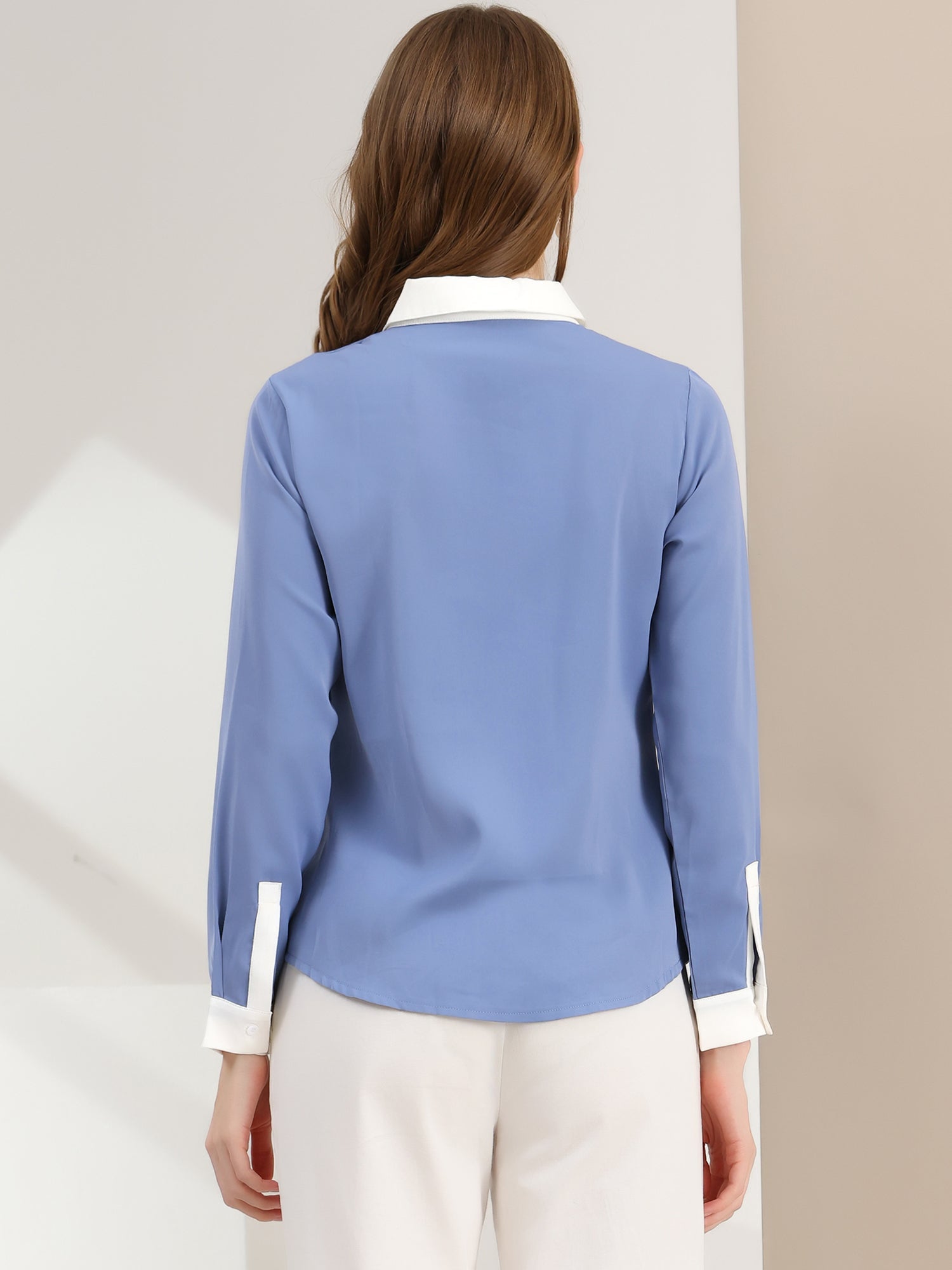 Contrast Collar Shirt Chiffon Long Sleeve Work Office Blouse