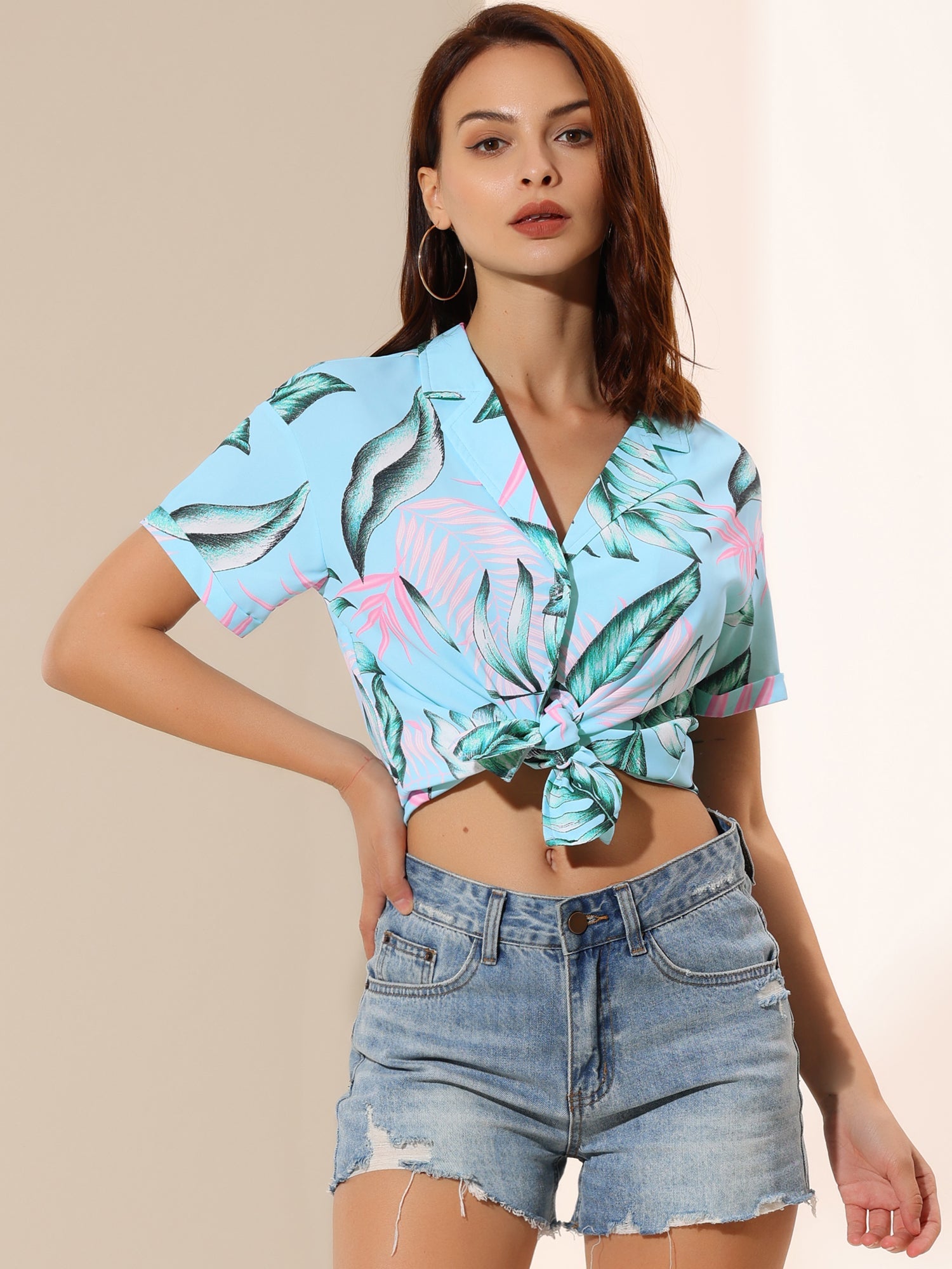 Hawaiian Tropical Leaves Floral Short Sleeve Button Down Shirt