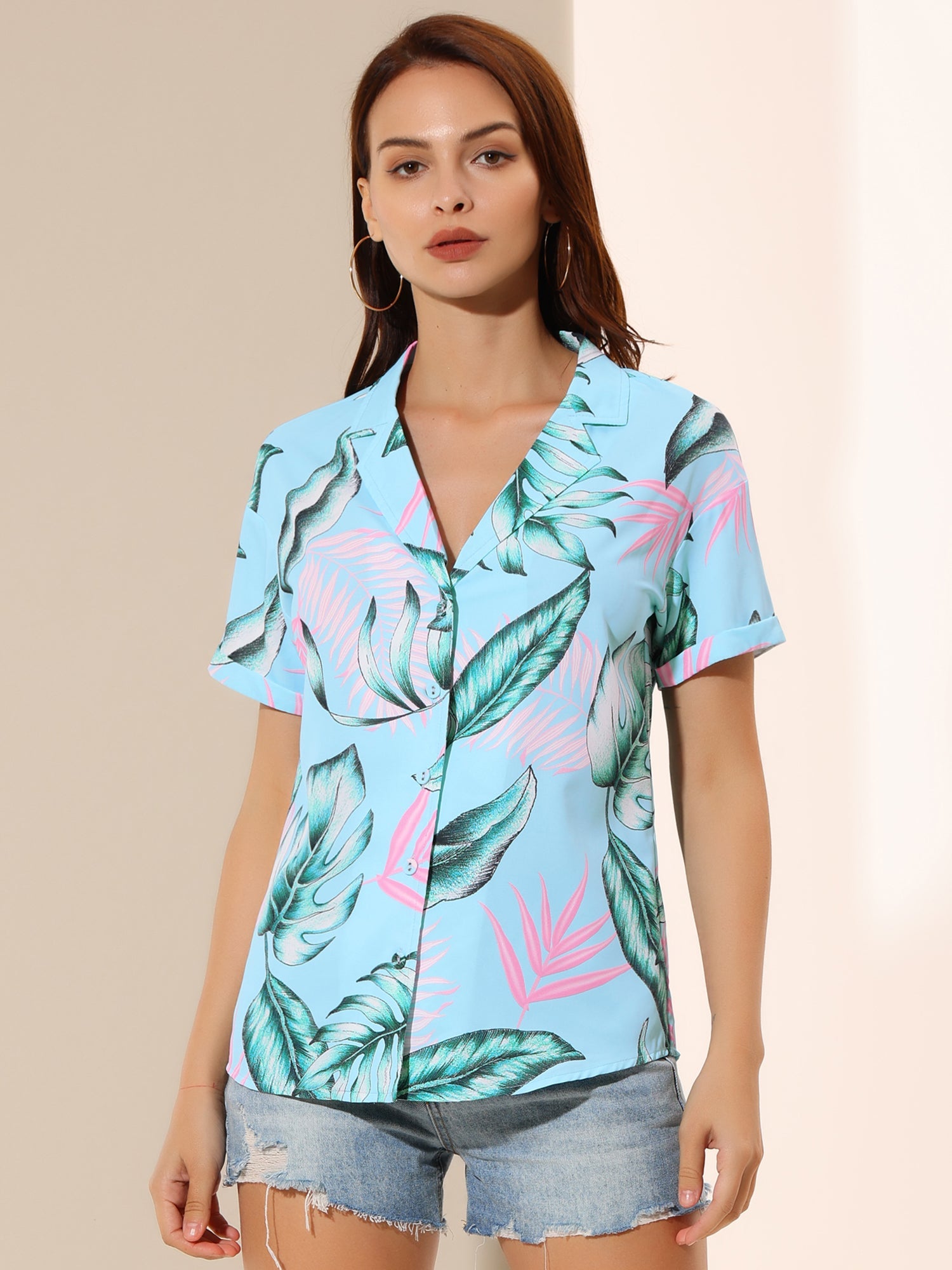 Hawaiian Tropical Leaves Floral Short Sleeve Button Down Shirt
