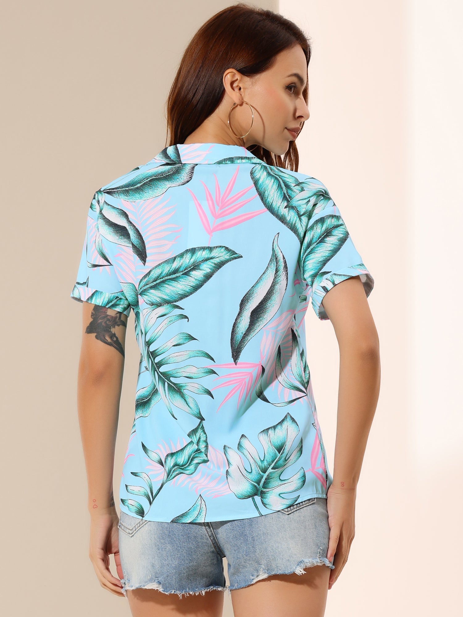 Hawaiian Tropical Leaves Floral Short Sleeve Button Down Shirt