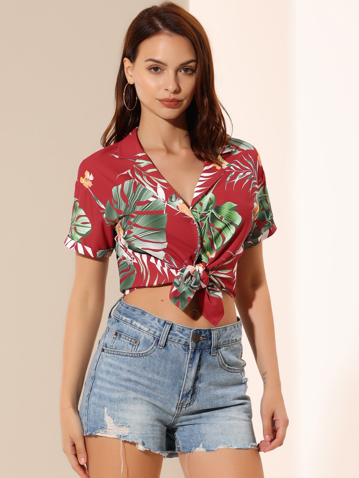 Hawaiian Tropical Leaves Floral Short Sleeve Button Down Shirt