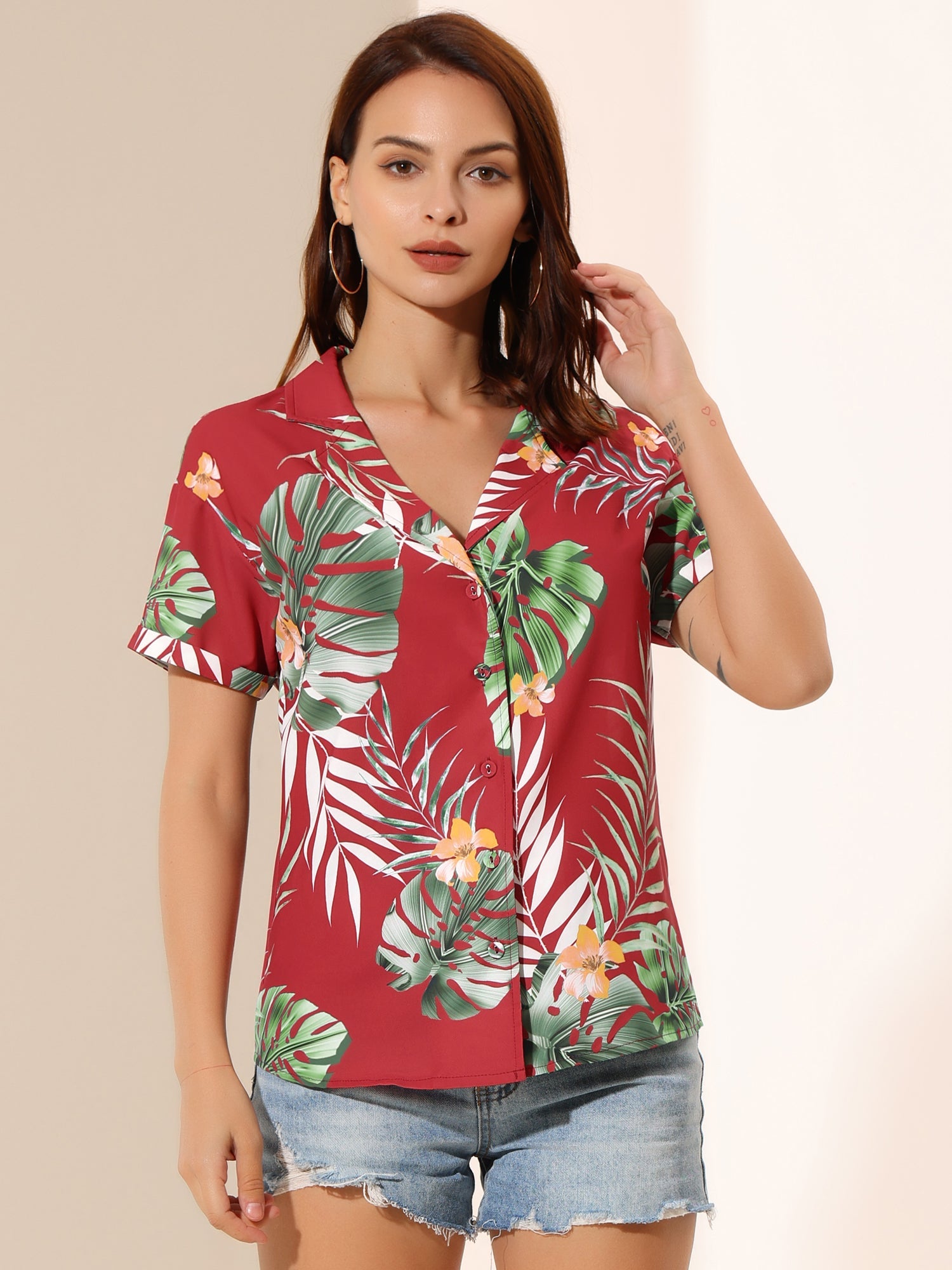 Hawaiian Tropical Leaves Floral Short Sleeve Button Down Shirt