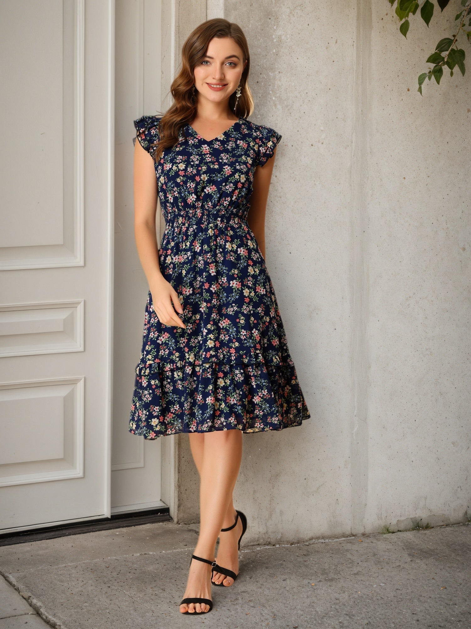 Floral Flutter Sleeve V Neck Smocked Ruffle Dress
