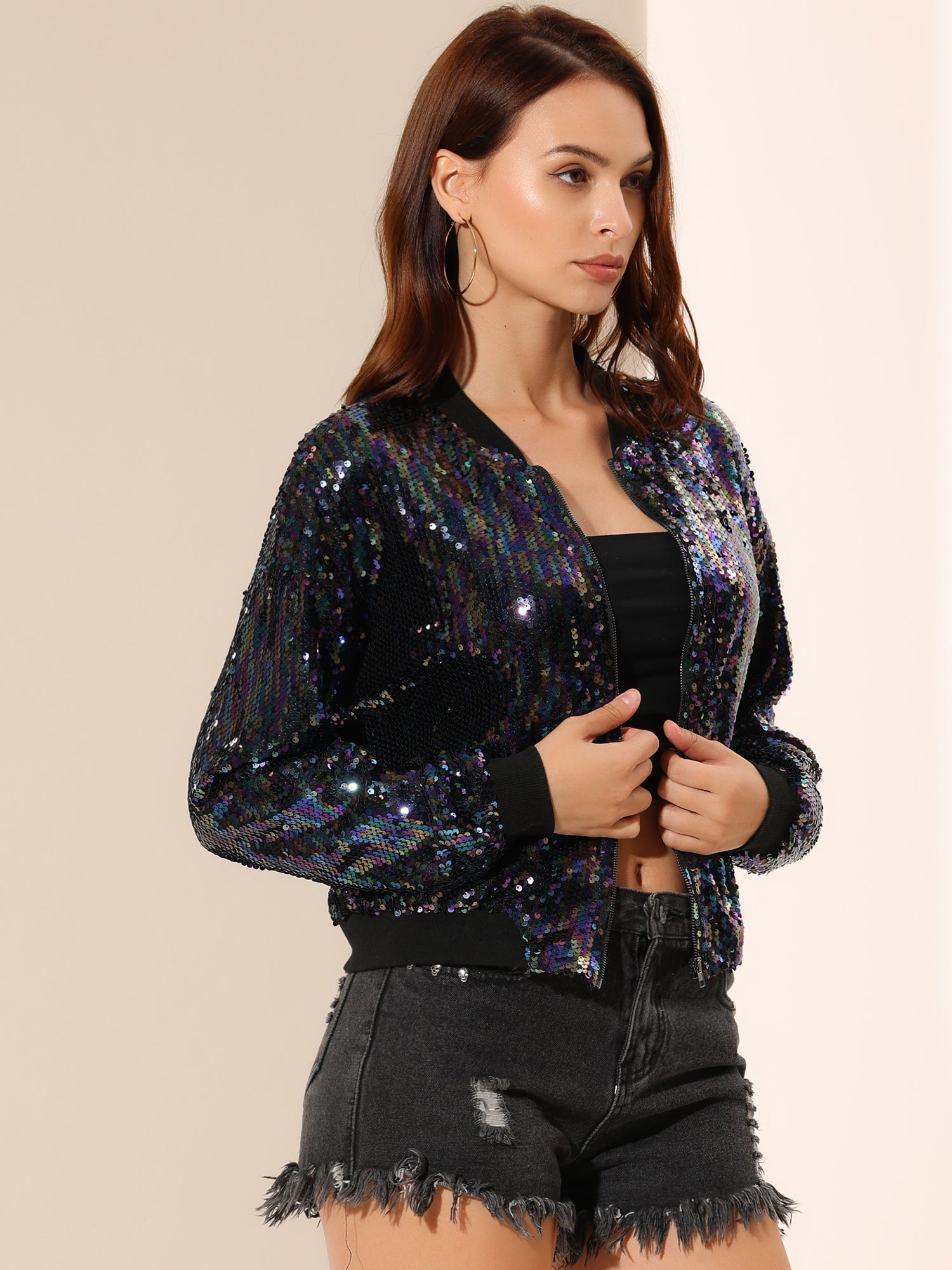Sequin Sparkle Party Long Sleeve Zipper Bomber Jacket