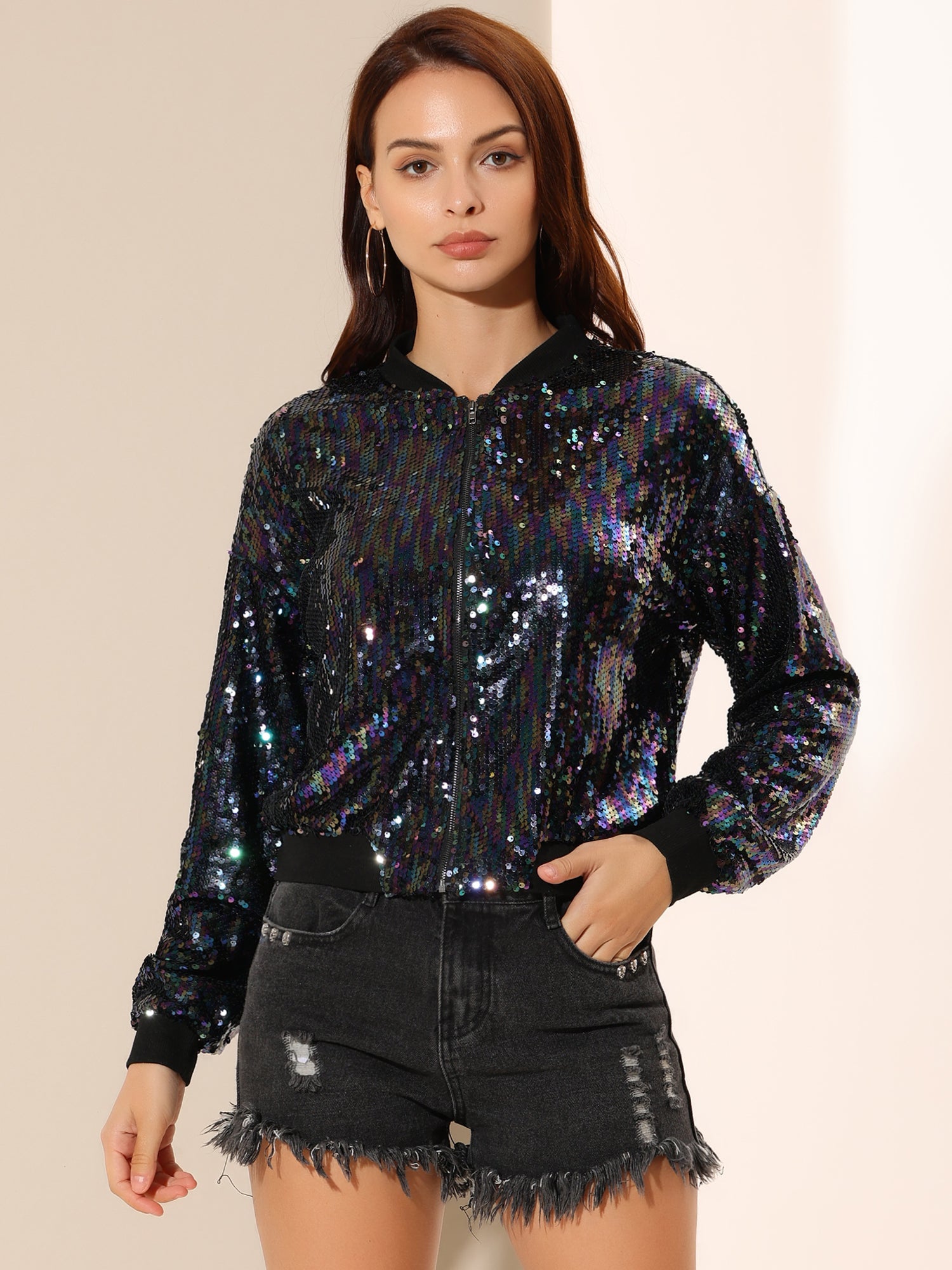 Sequin Sparkle Party Long Sleeve Zipper Bomber Jacket