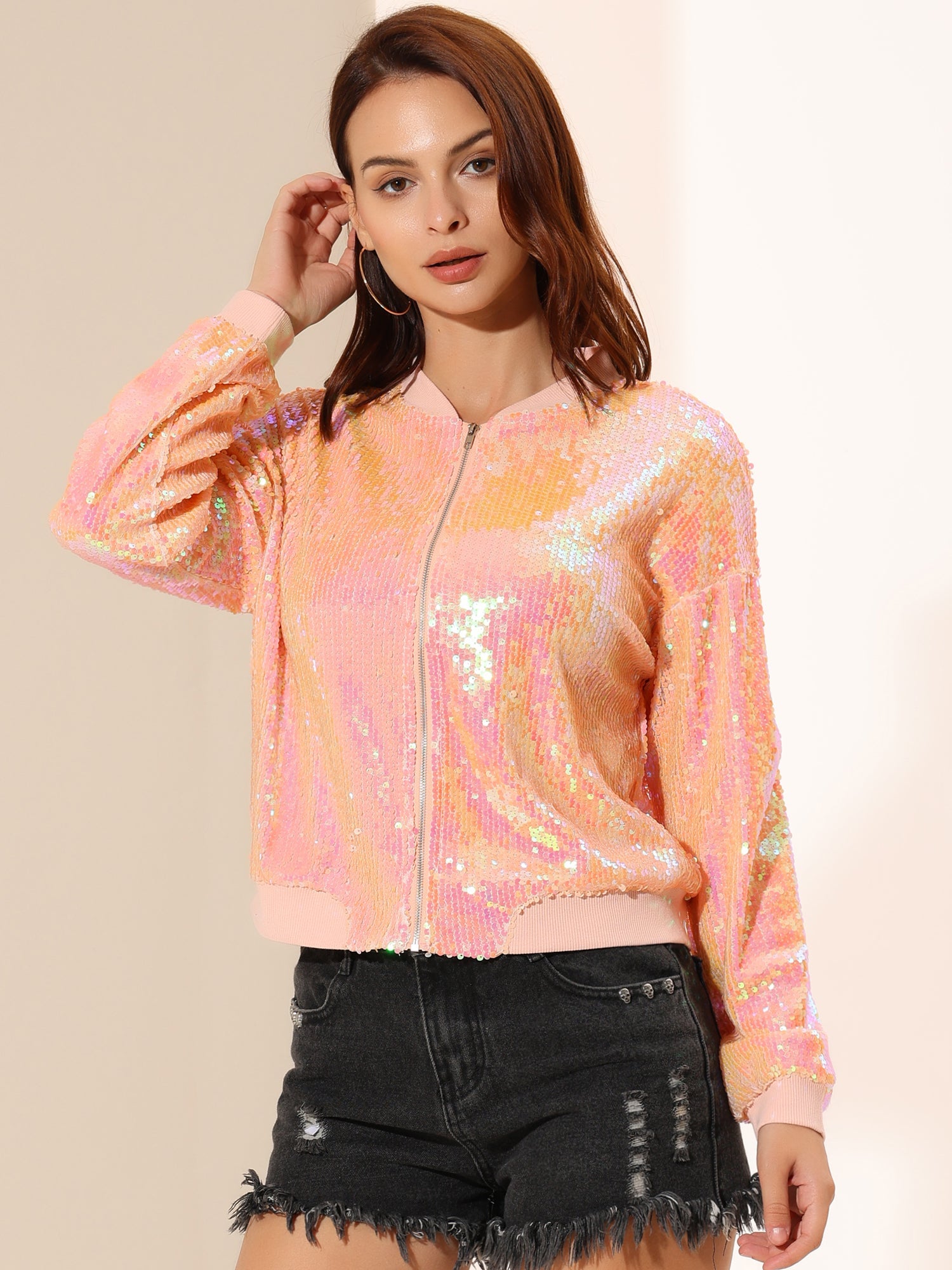 Sequin Sparkle Party Long Sleeve Zipper Bomber Jacket