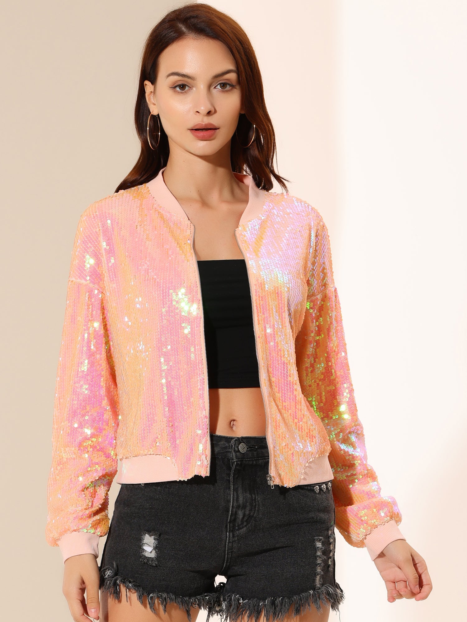 Sequin Sparkle Party Long Sleeve Zipper Bomber Jacket