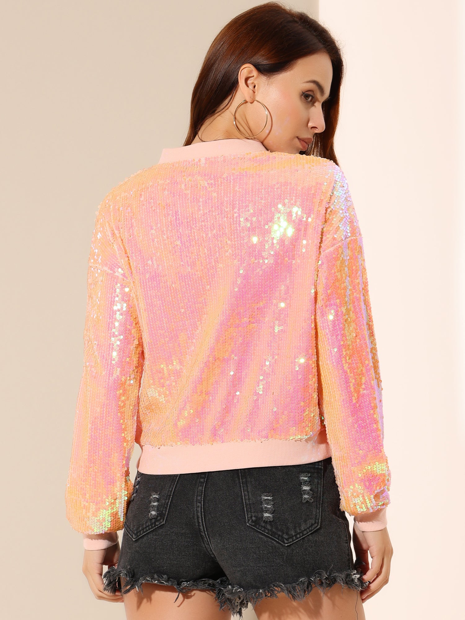 Sequin Sparkle Party Long Sleeve Zipper Bomber Jacket