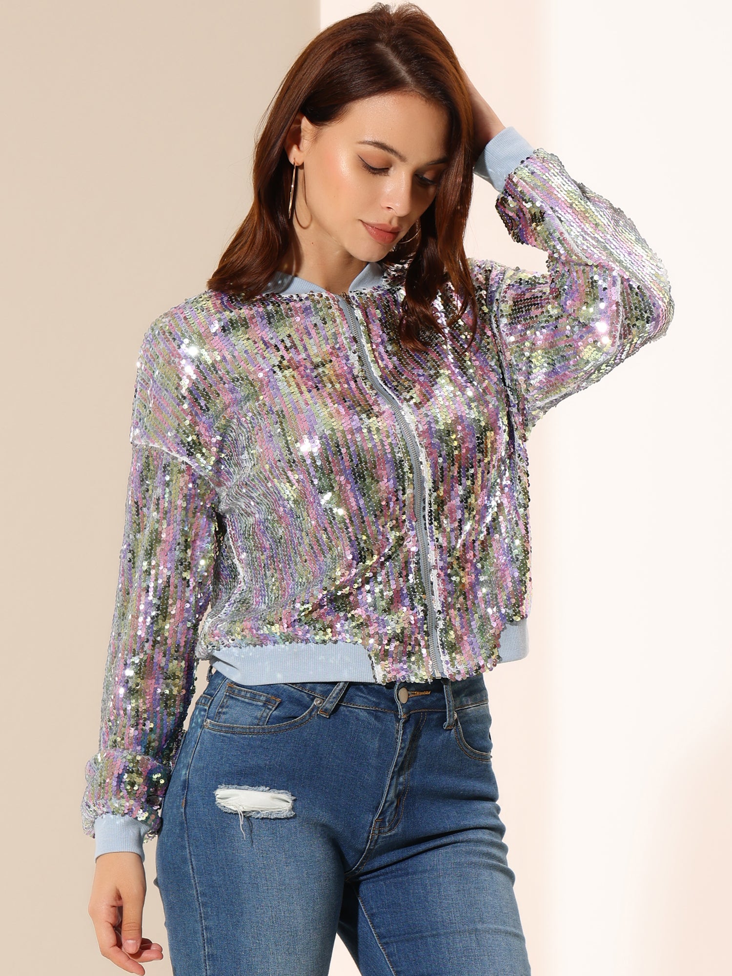 Sequin Sparkle Party Long Sleeve Zipper Bomber Jacket