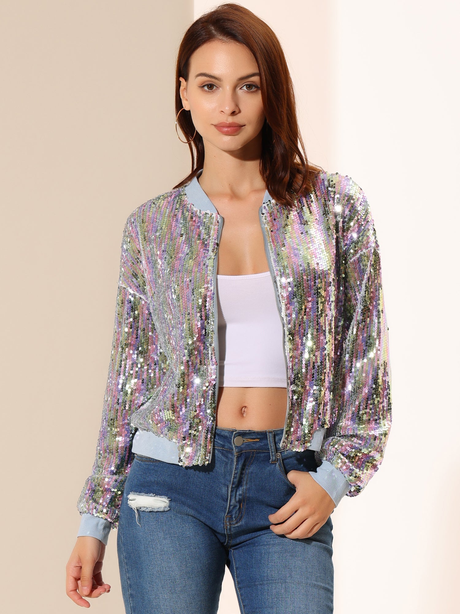 Sequin Sparkle Party Long Sleeve Zipper Bomber Jacket