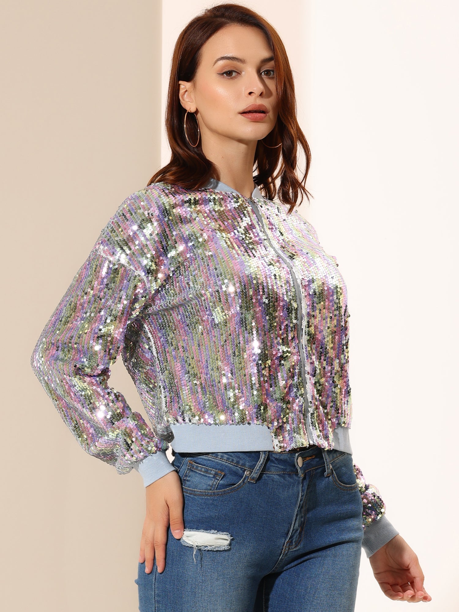 Sequin Sparkle Party Long Sleeve Zipper Bomber Jacket