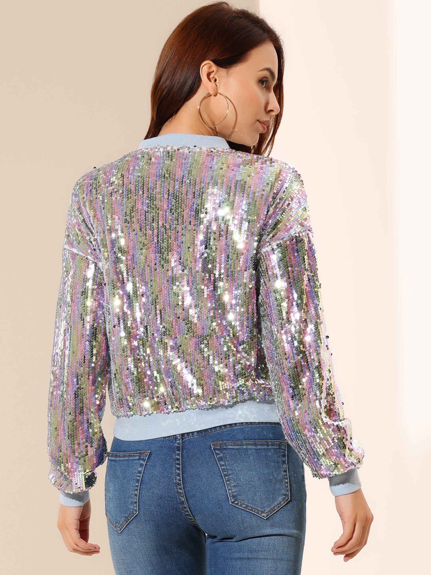 Sequin Sparkle Party Long Sleeve Zipper Bomber Jacket