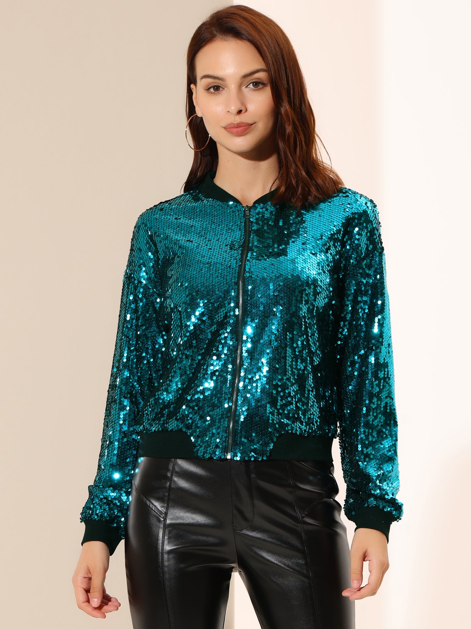 Sequin Sparkle Party Long Sleeve Zipper Bomber Jacket