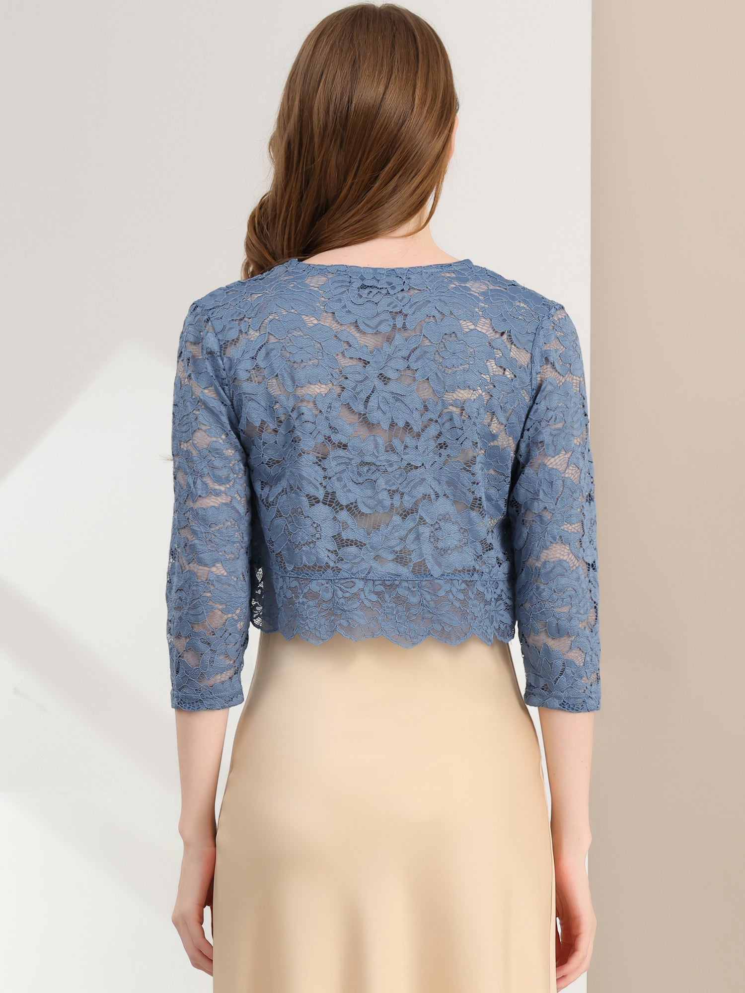 Lace 3/4 Sleeves Sheer Floral Cropped Bolero Shrug